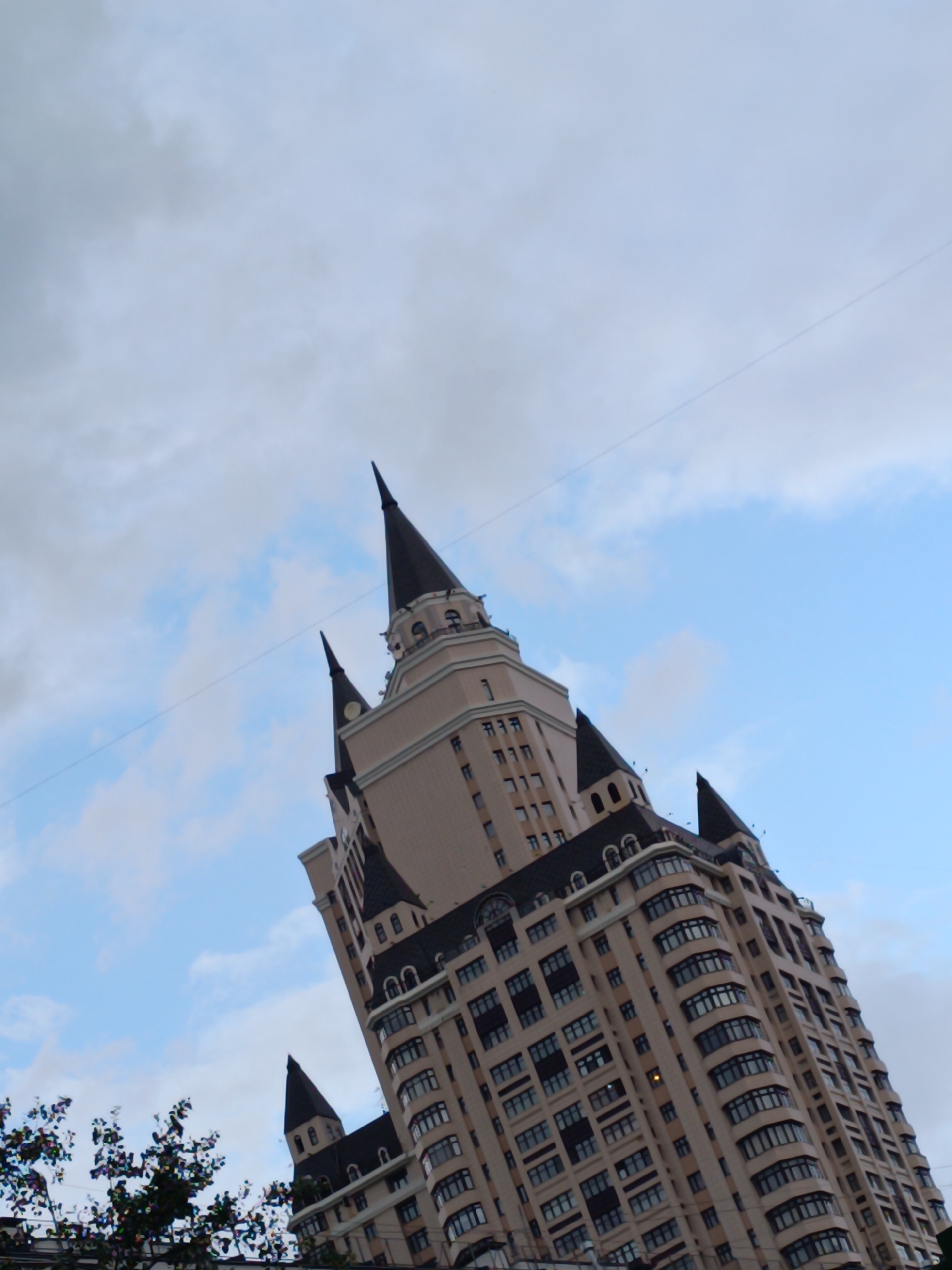 Castle-like building and forest details on a cloudy afternoon