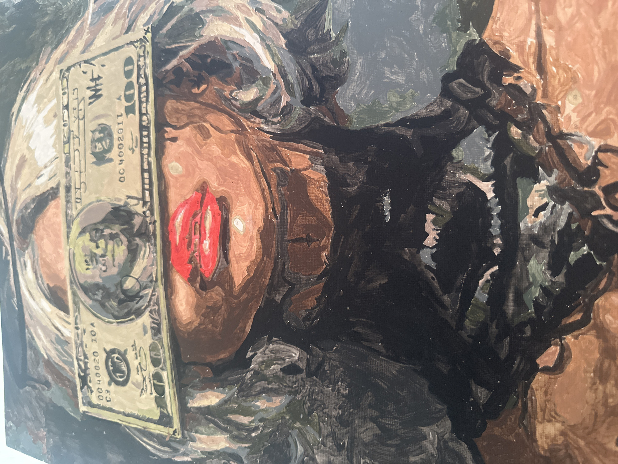 Art collection featuring dollar bills and bound figures documented in Russia