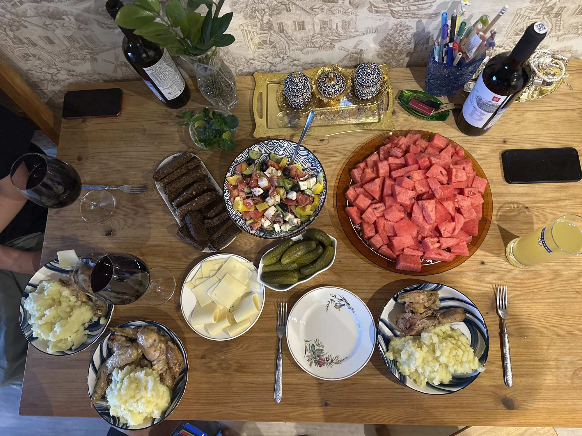 Spread table with food and drinks in Vladimir, Russia
