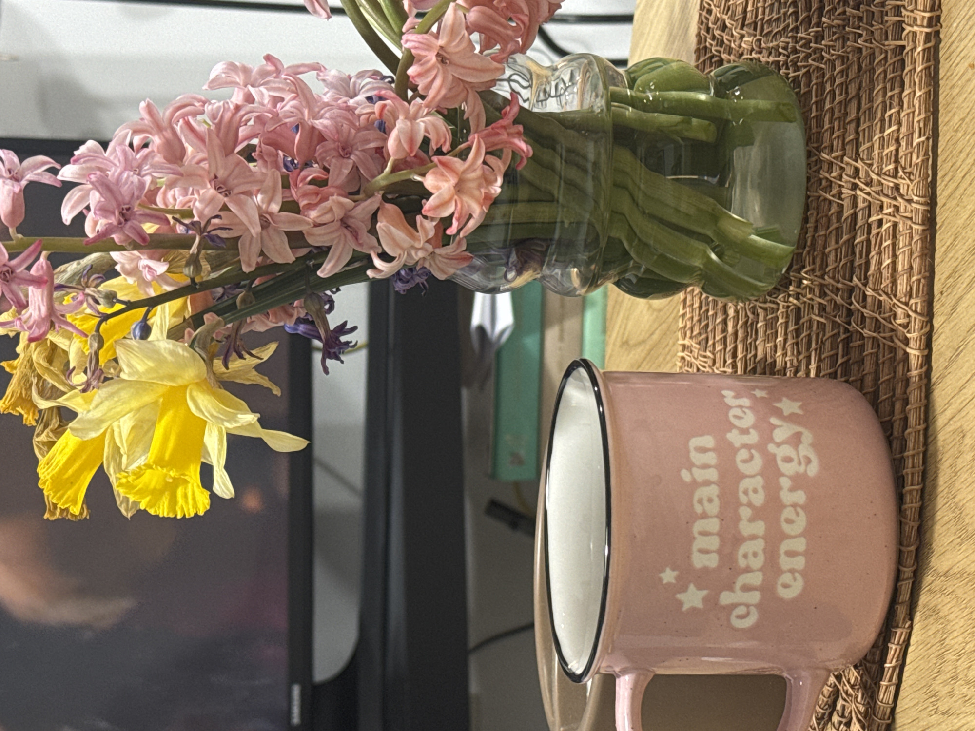 Cozy home moments with flowers and sleeping dog