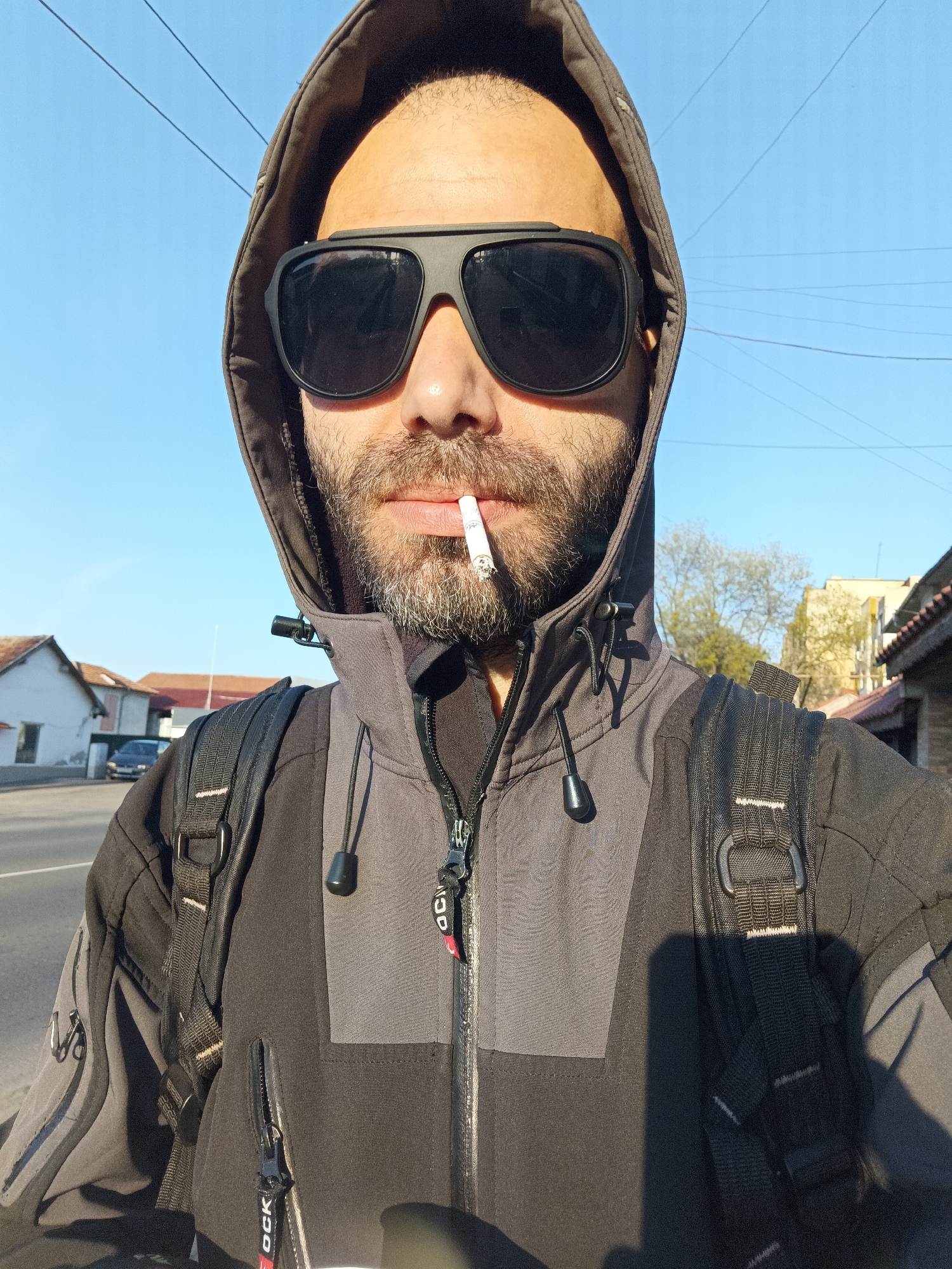 Man takes early morning selfie in Karnobat, Bulgaria