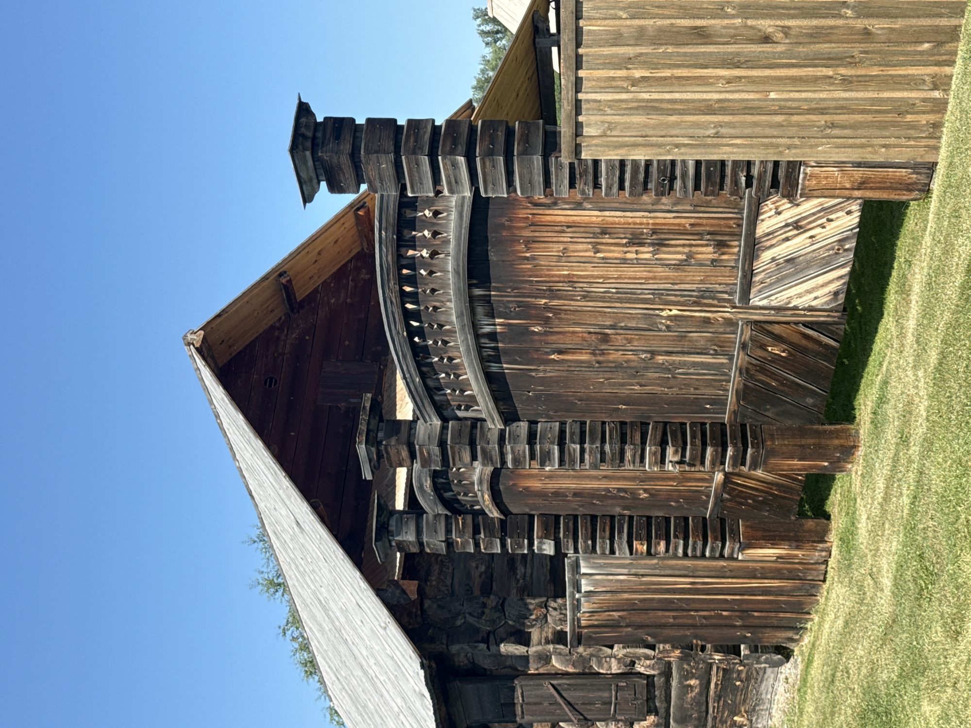 Inside a rustic wooden heritage site in Shushenskoye, Russia