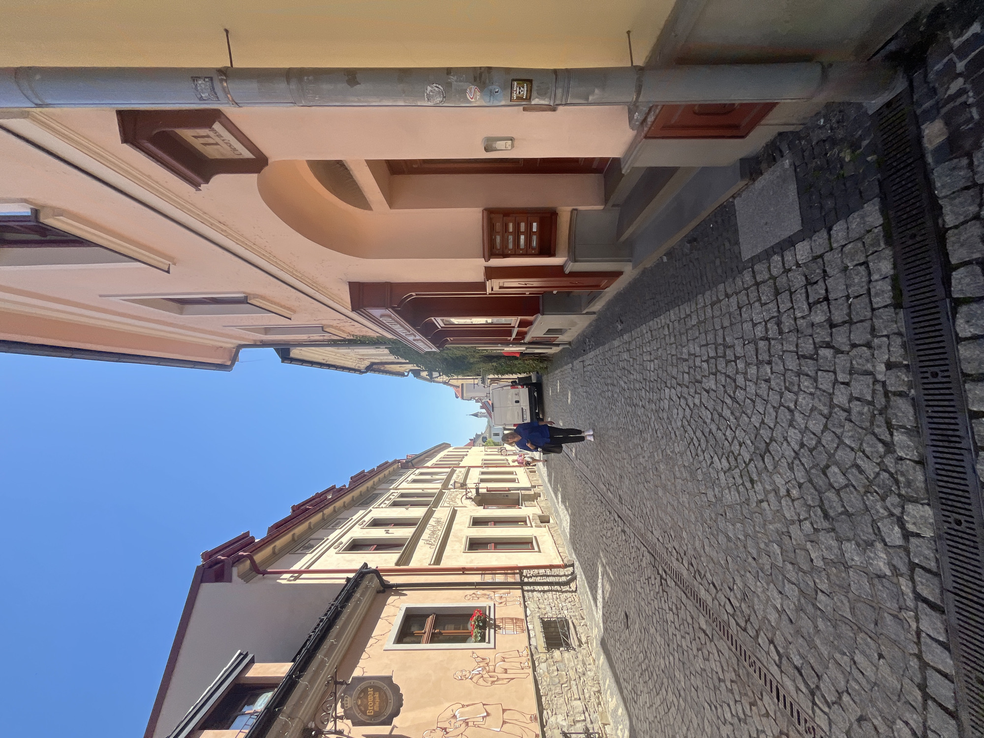 Sunny morning stroll through a European town's streets and gardens