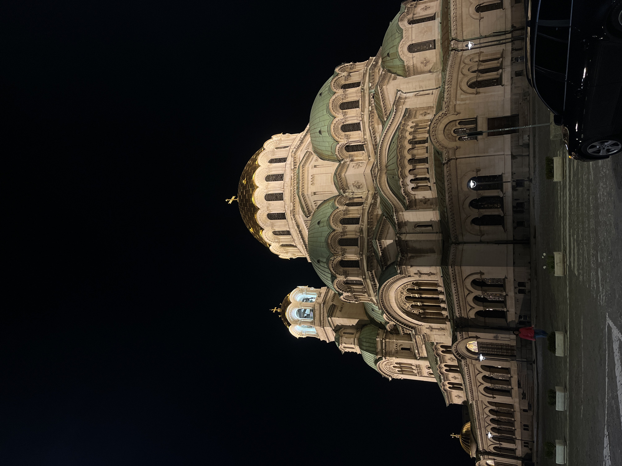 Nighttime documentation of illuminated Alexander Nevsky Cathedral in Sofia