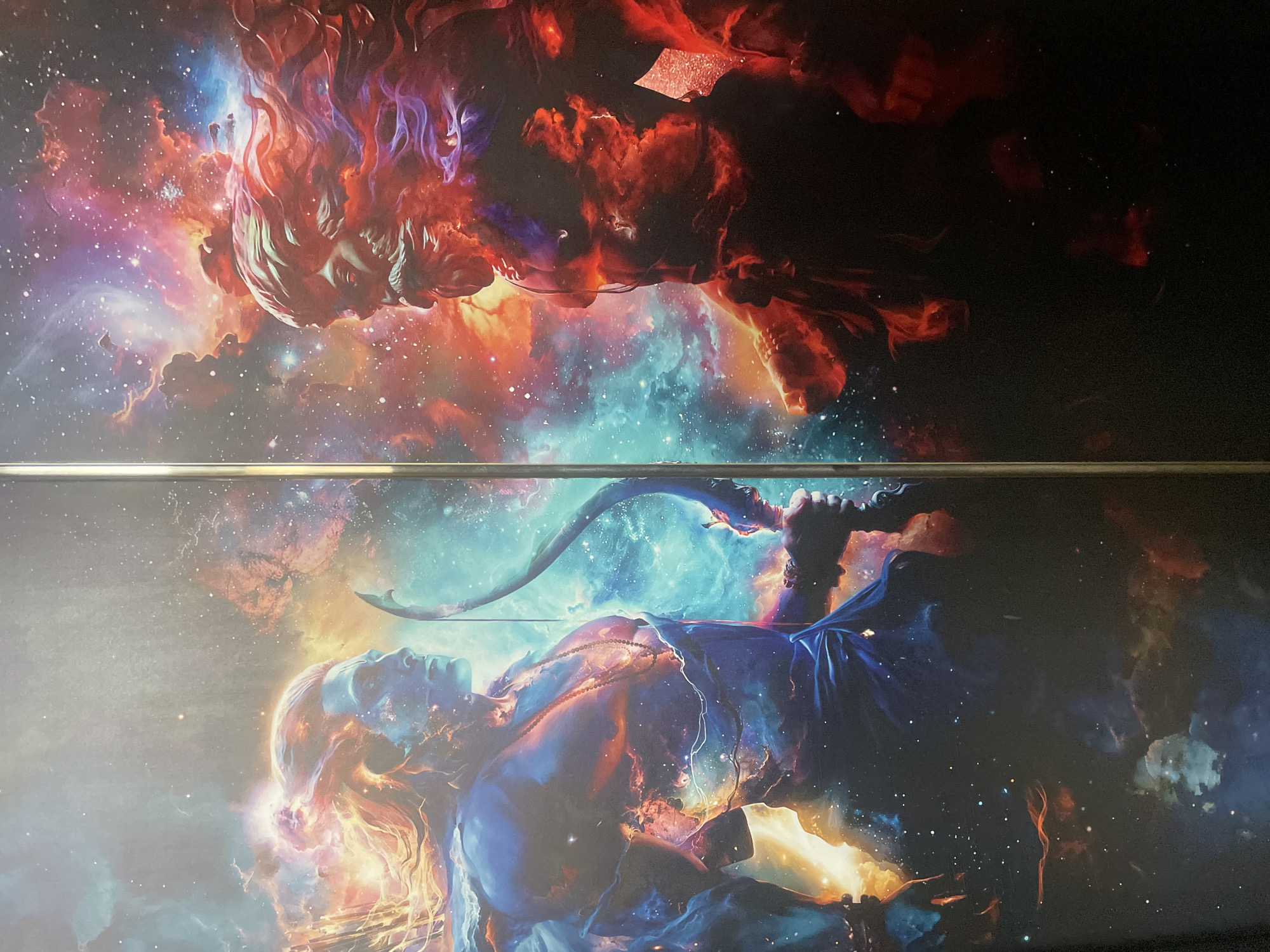 Celestial artwork with fiery figure observed in deep space setting