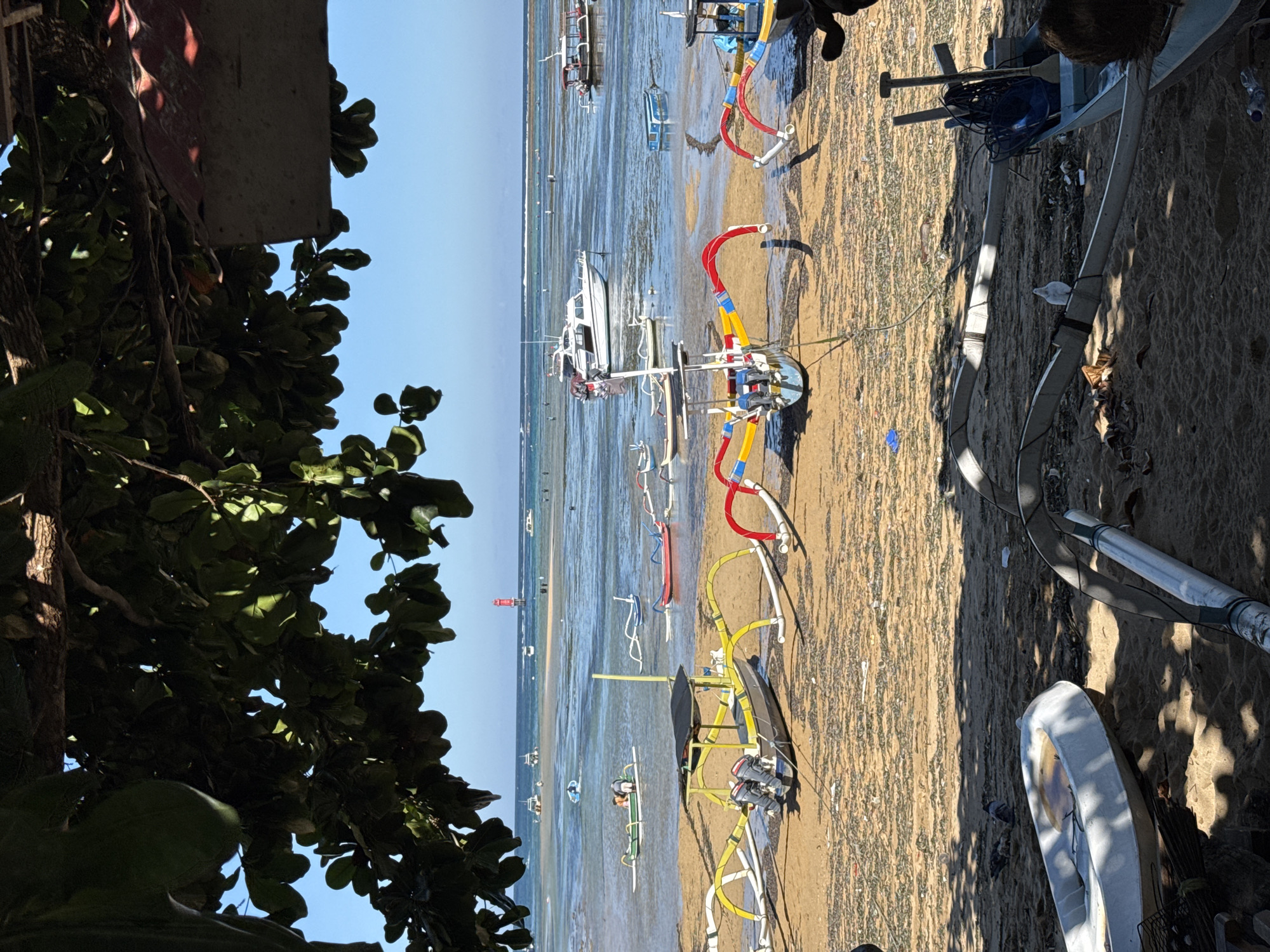 Morning coastal scenes documented in Denpasar featuring traditional boats