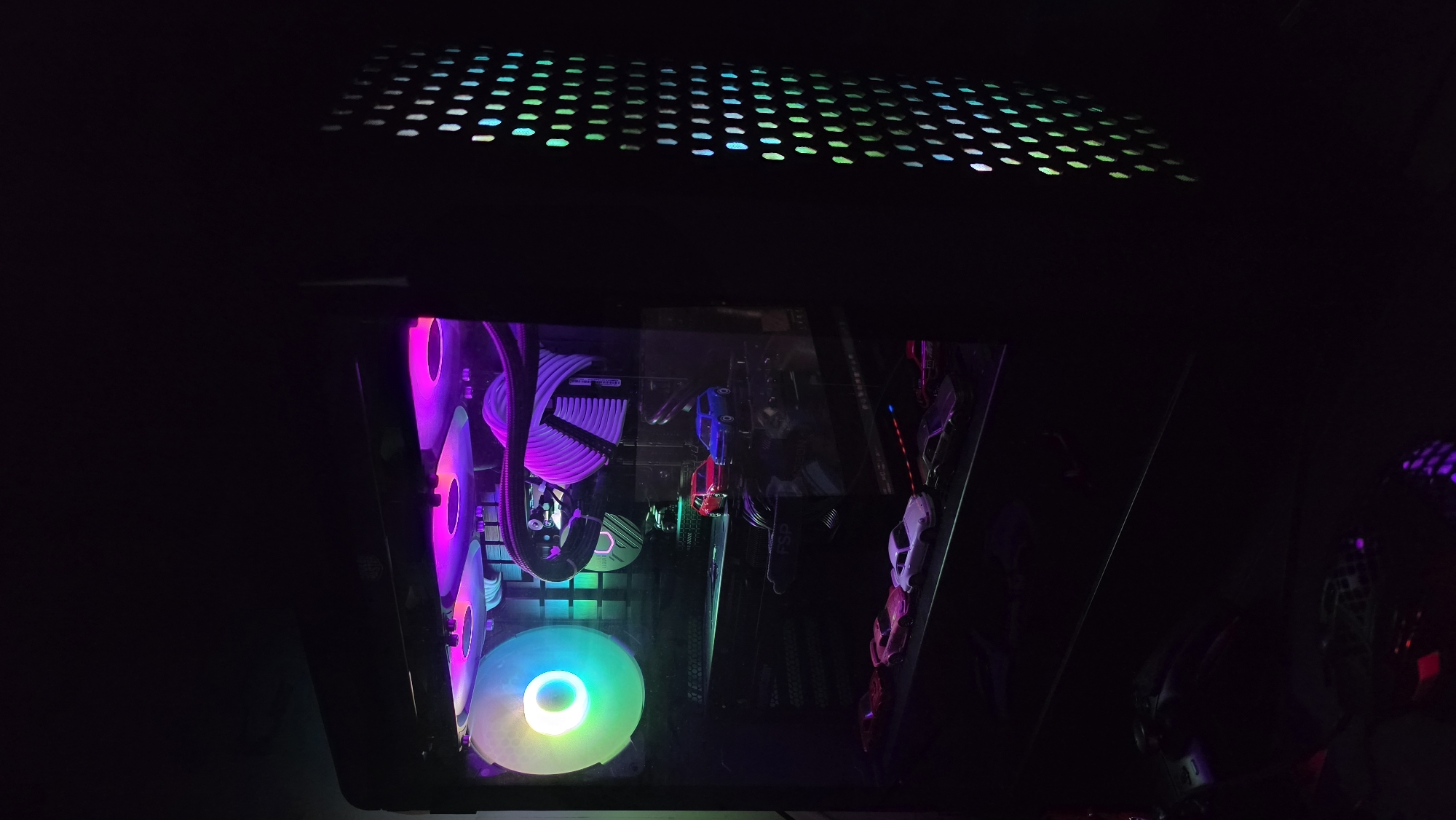 RGB-lit computer tower interior documented in Varna, Bulgaria