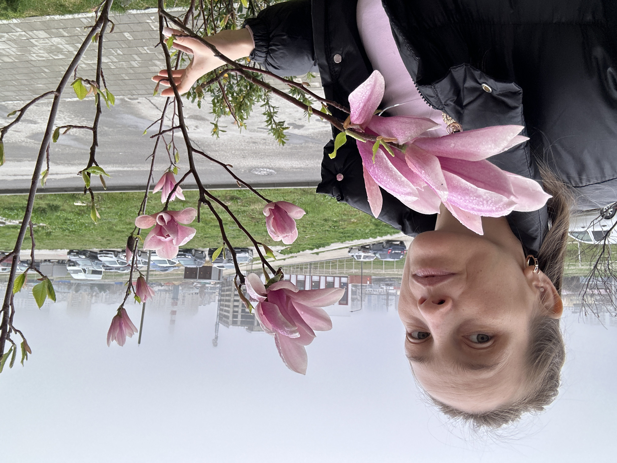 Woman touches blooming magnolia tree in Novorossiysk