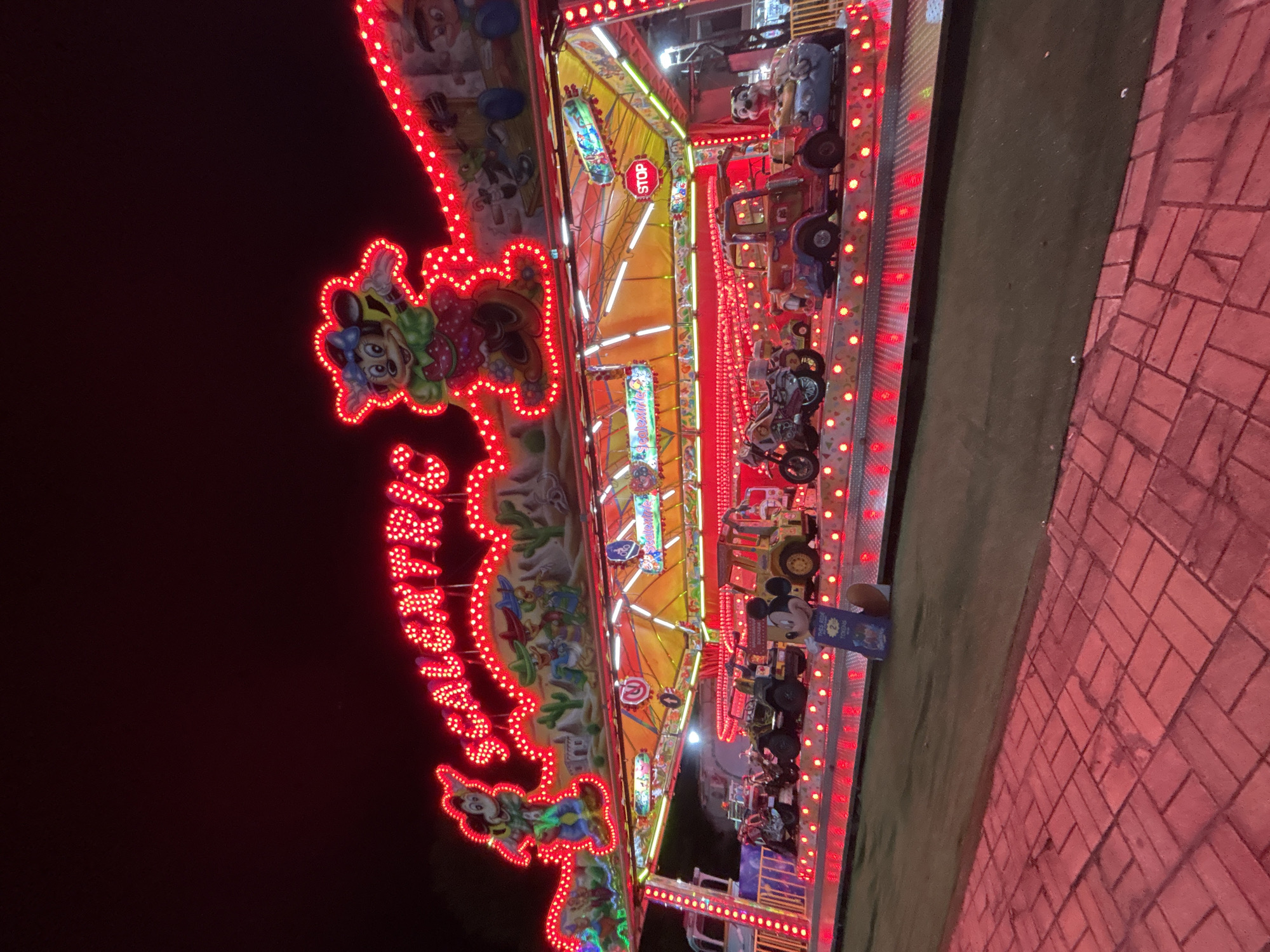 Evening at a Mickey Mouse-themed amusement park with multiple rides