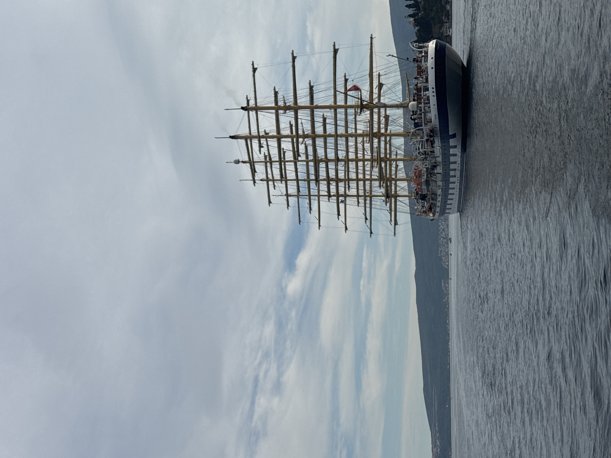 Royal Clipper tall ship sailing through Montenegro's Bay of Kotor