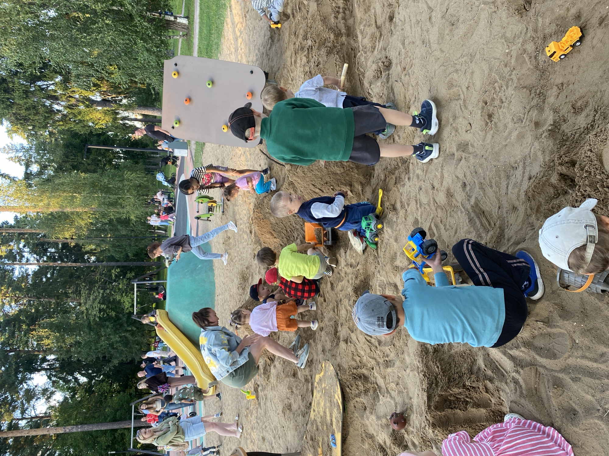 Afternoon at a Balashikha playground, surrounded by pine trees.