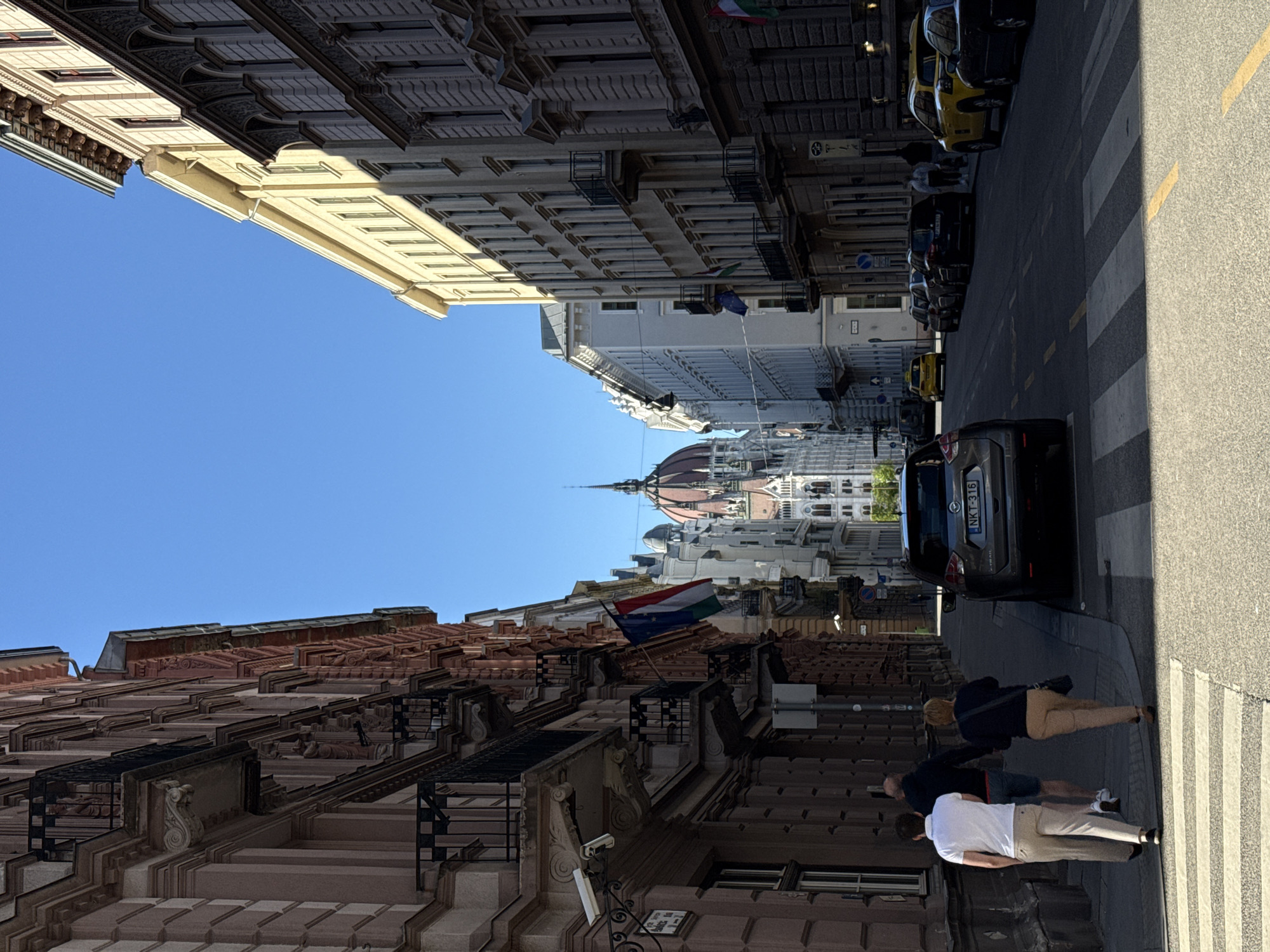 Afternoon street activity documented near Hungarian Parliament Building