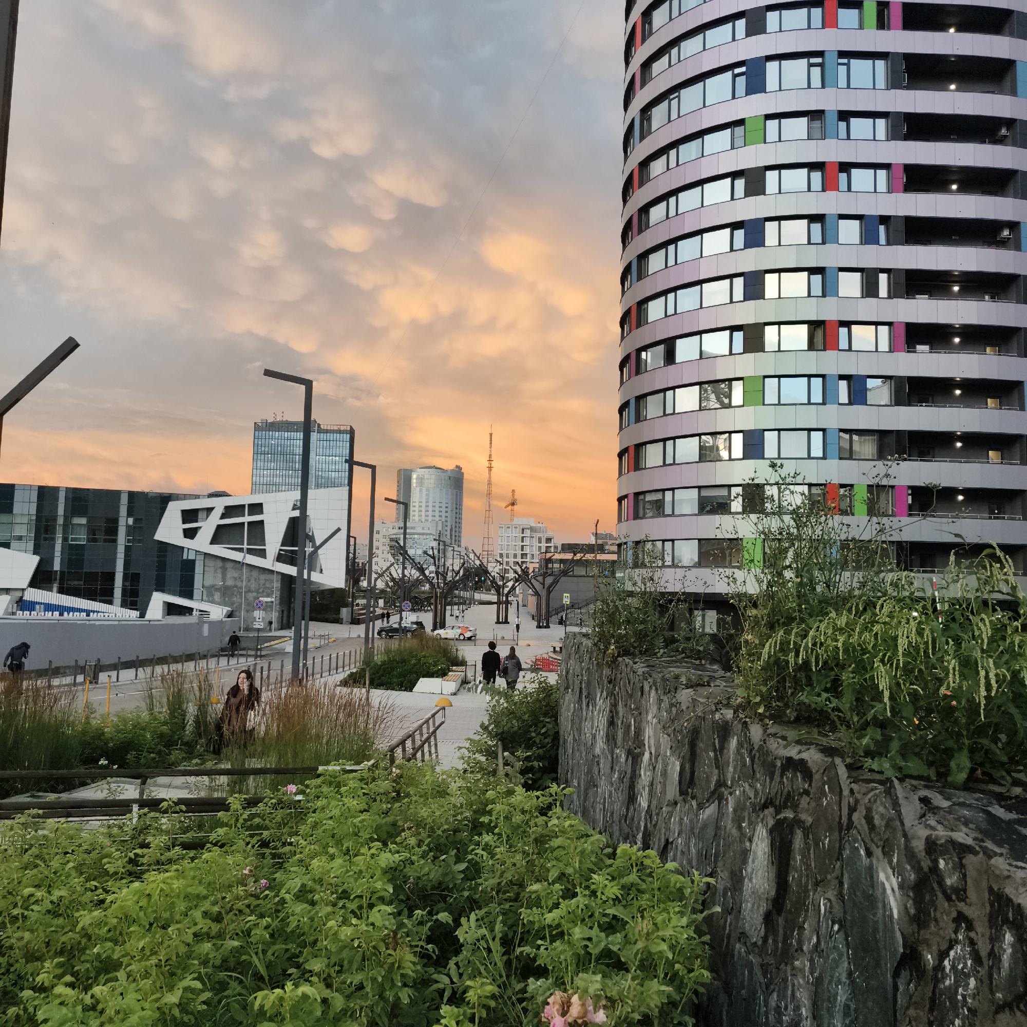 Yekaterinburg city center at sunset, dramatic clouds overhead