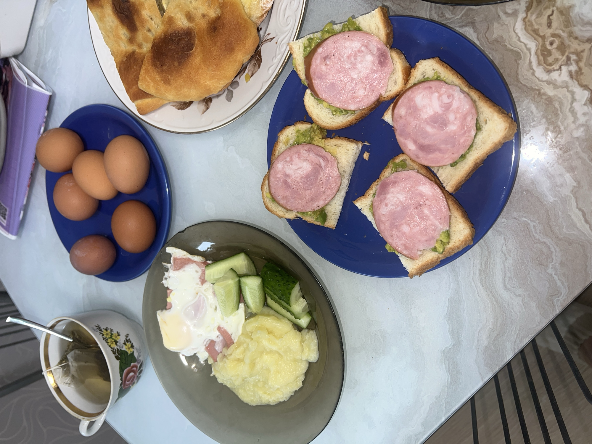 Home breakfast spread documented in Perm, Russia
