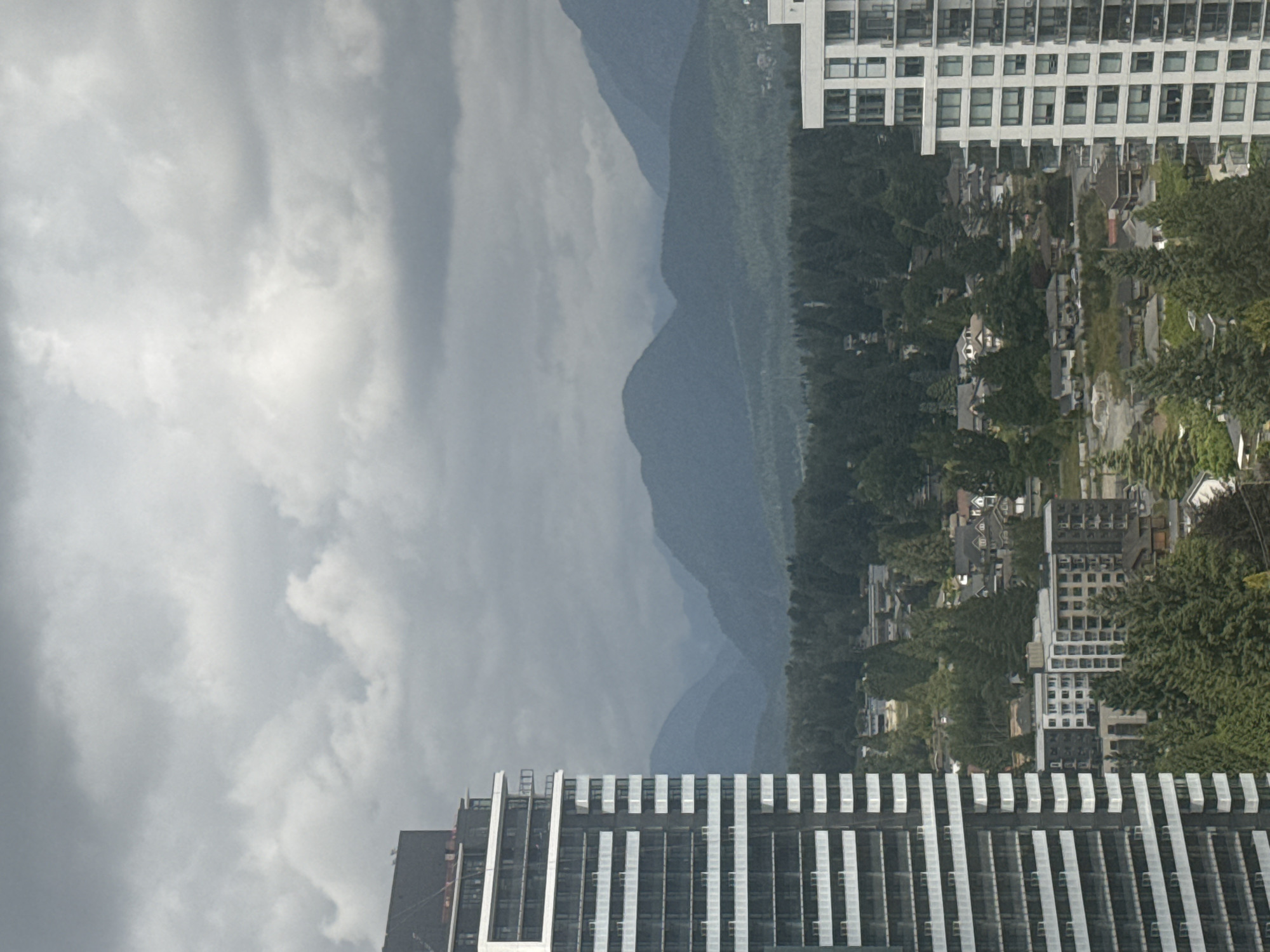 High-rise views over Coquitlam with mountains and lavender
