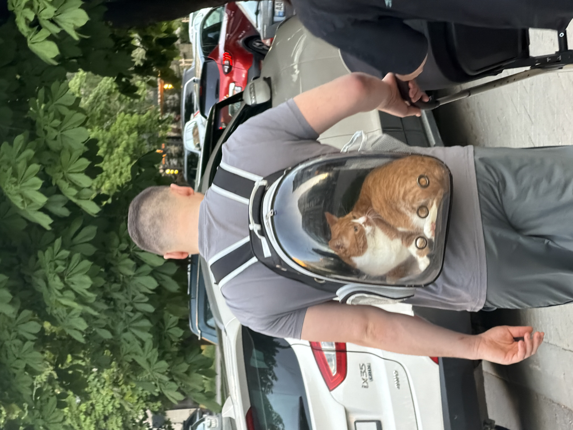 Man walks cat in backpack through Chișinău streets