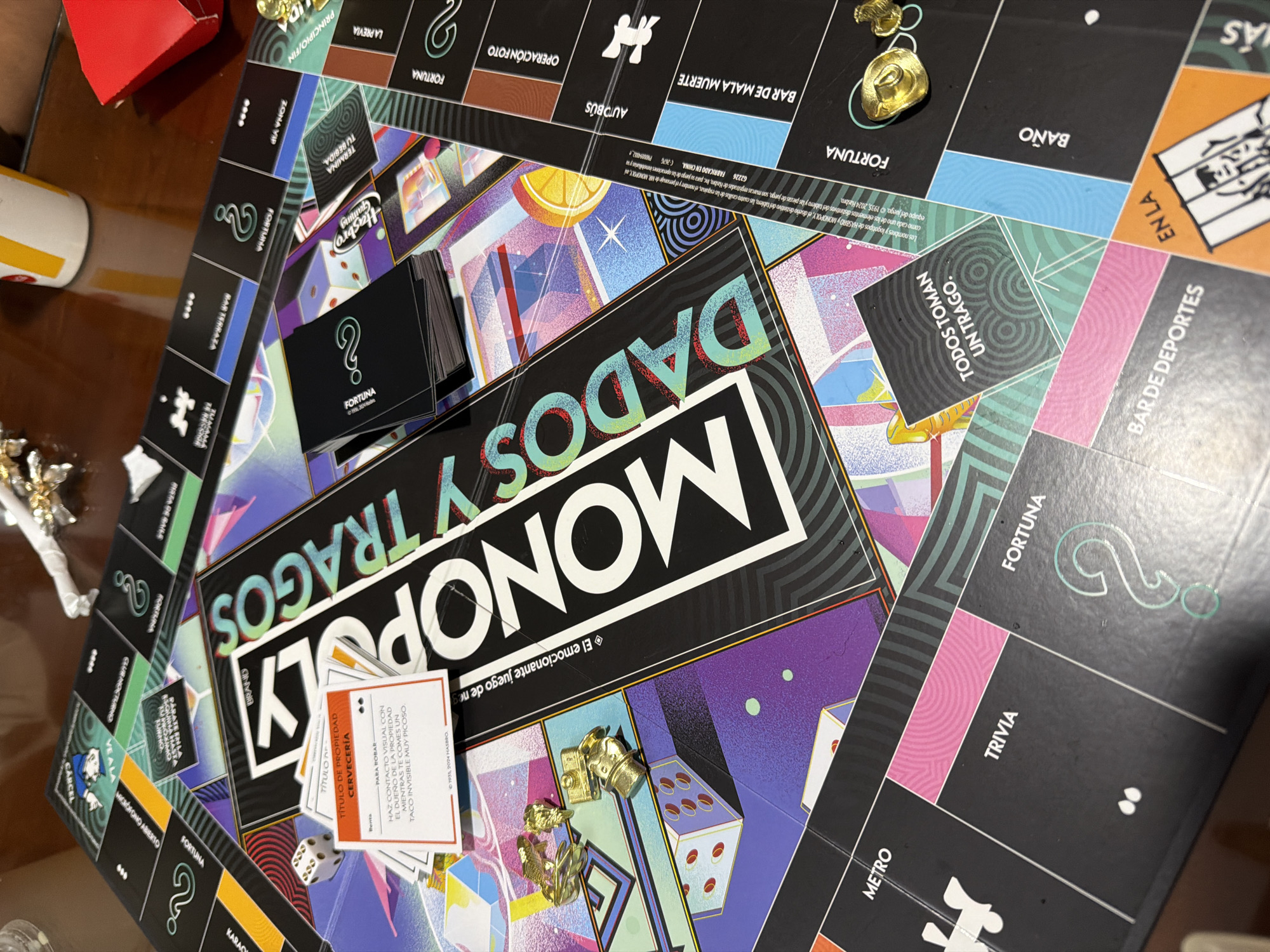 Late-night Monopoly drinking game board photographed by unknown witness