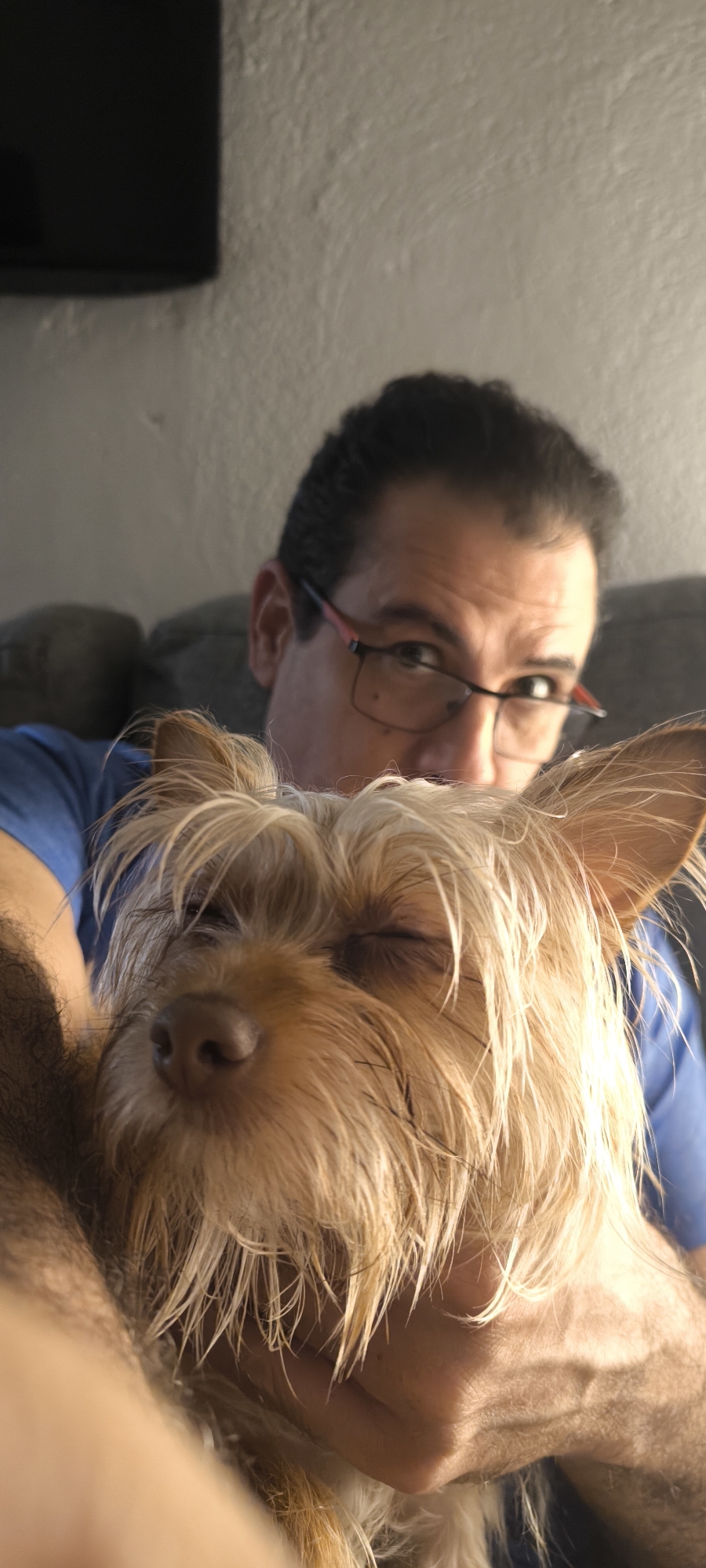 Man and small dog photographed together indoors in Ripollet