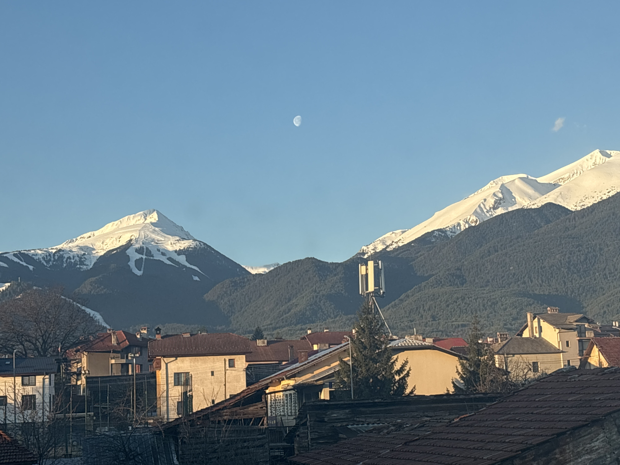 Mountain vista captured in Bansko, Bulgaria showing snowy peaks
