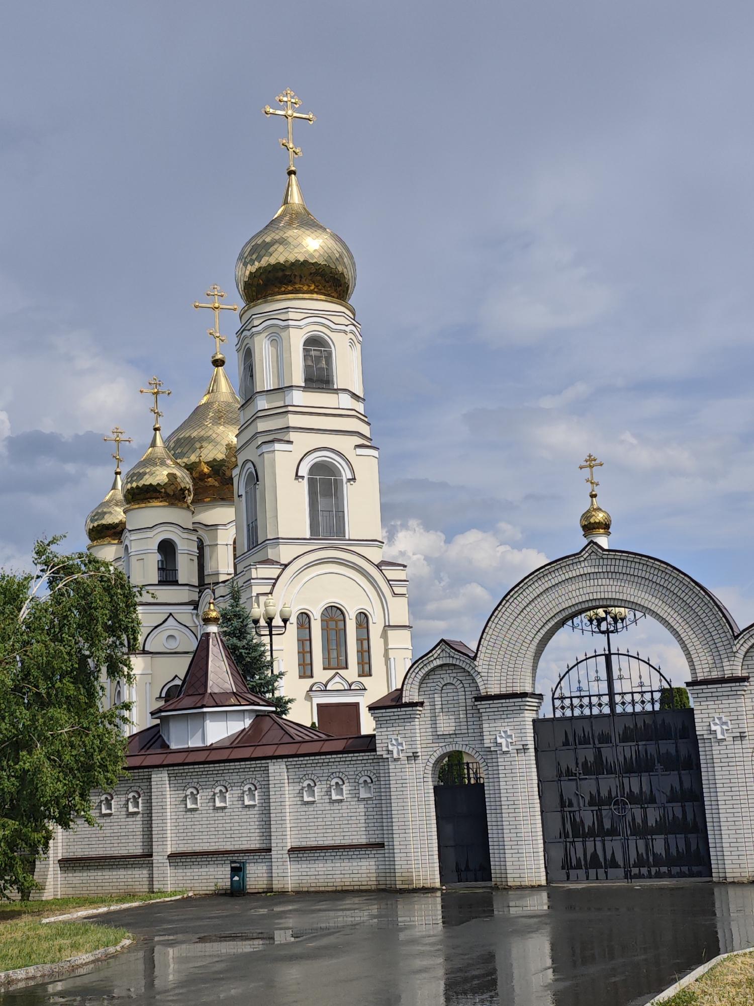 Cathedral with golden domes photographed in Alekseyevka, Russia