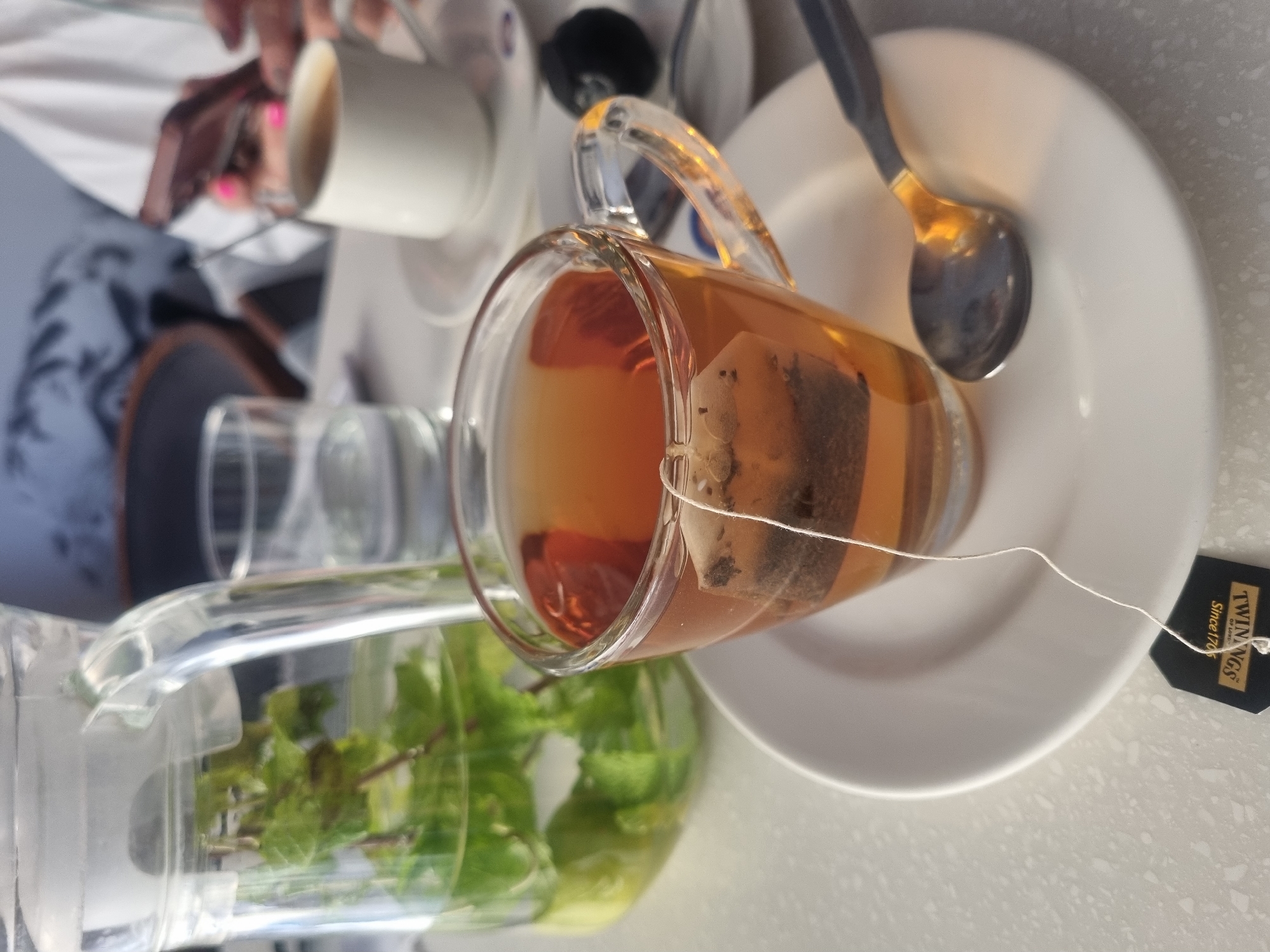 Tea preparation documented with Twinings brand and mint water