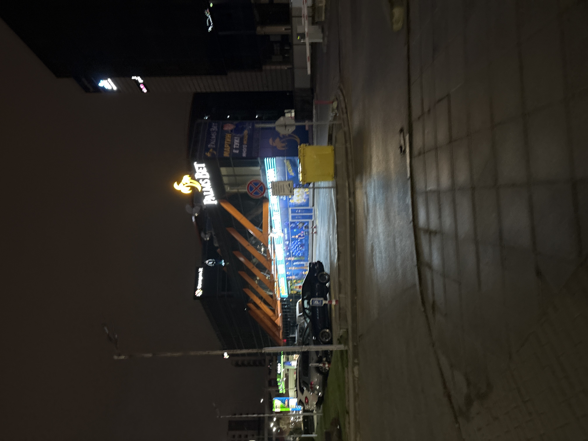 Illuminated Palms Bet casino captured in nighttime Sofia street scene