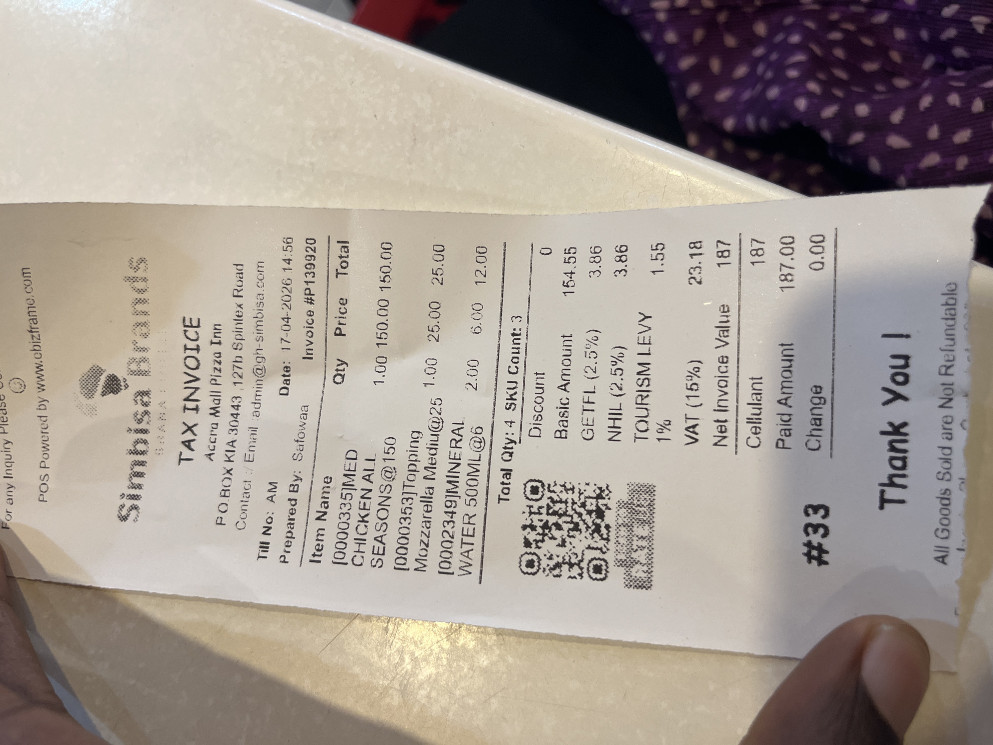 Pizza Inn customer receives invoice at Accra Mall