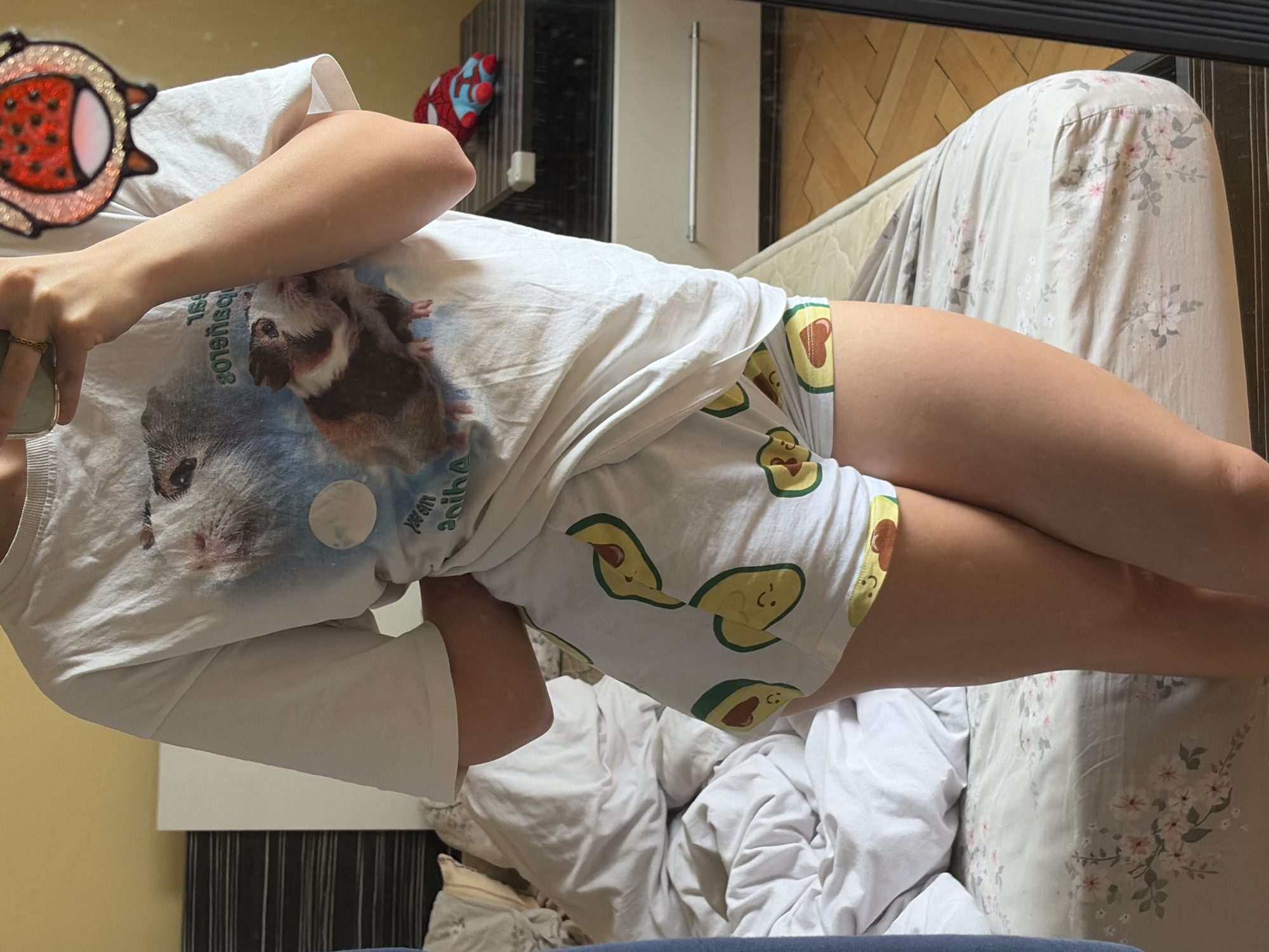 Morning selfie session in guinea pig shirt documented