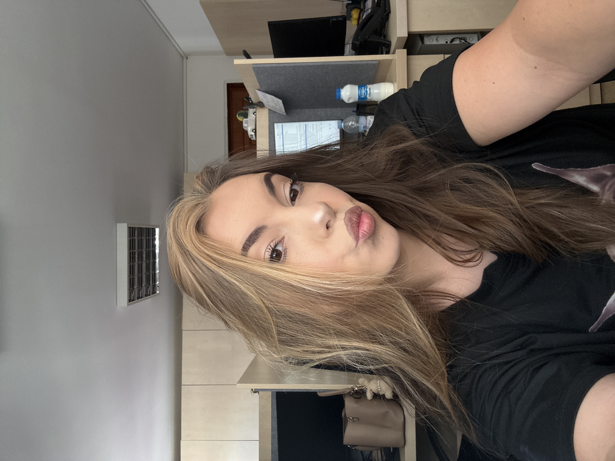 Sofia woman documents casual morning workspace selfies and interior design browsing