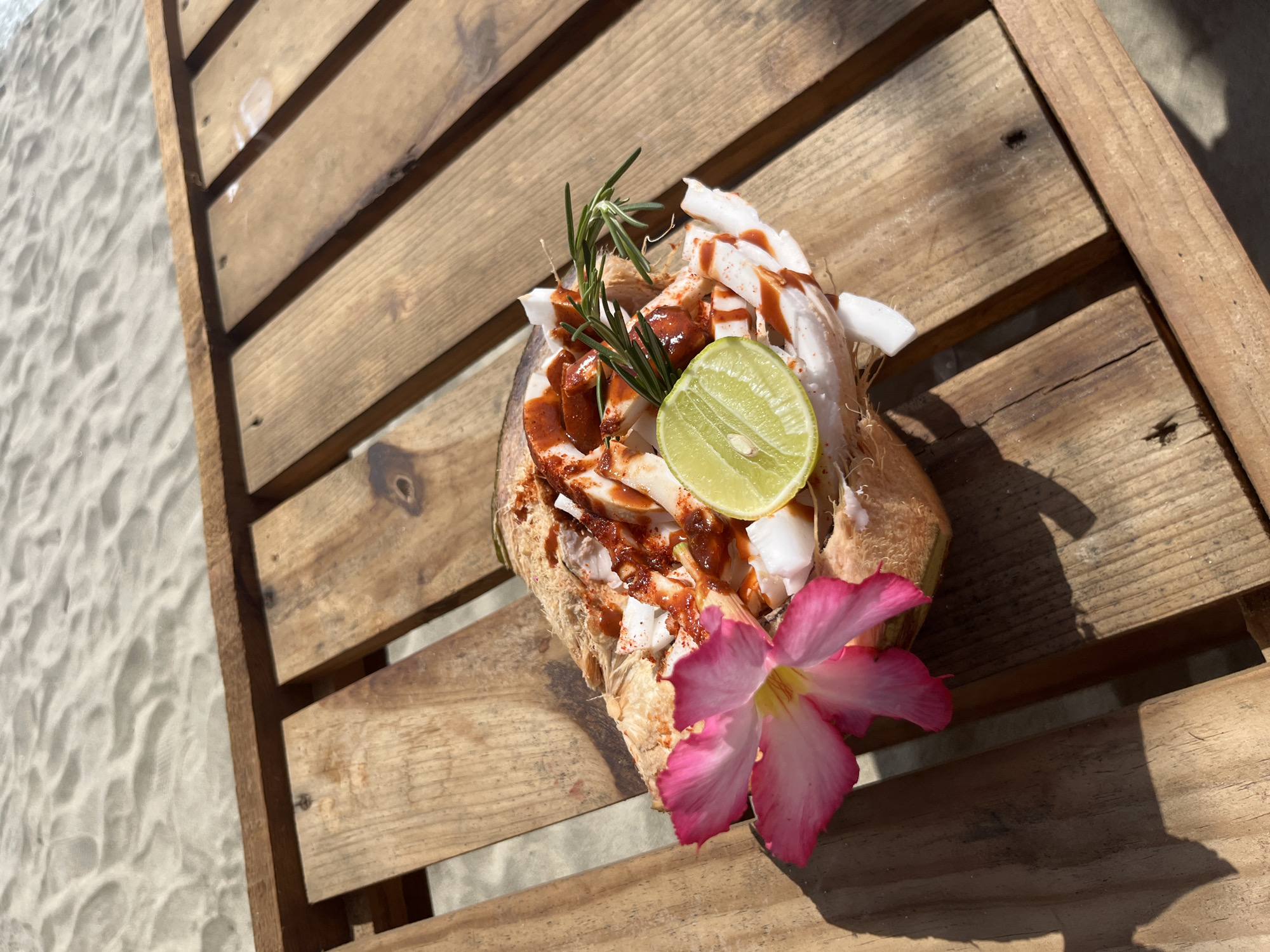 Garnished coconut dish photographed in Brisas de Zicatela, Mexico