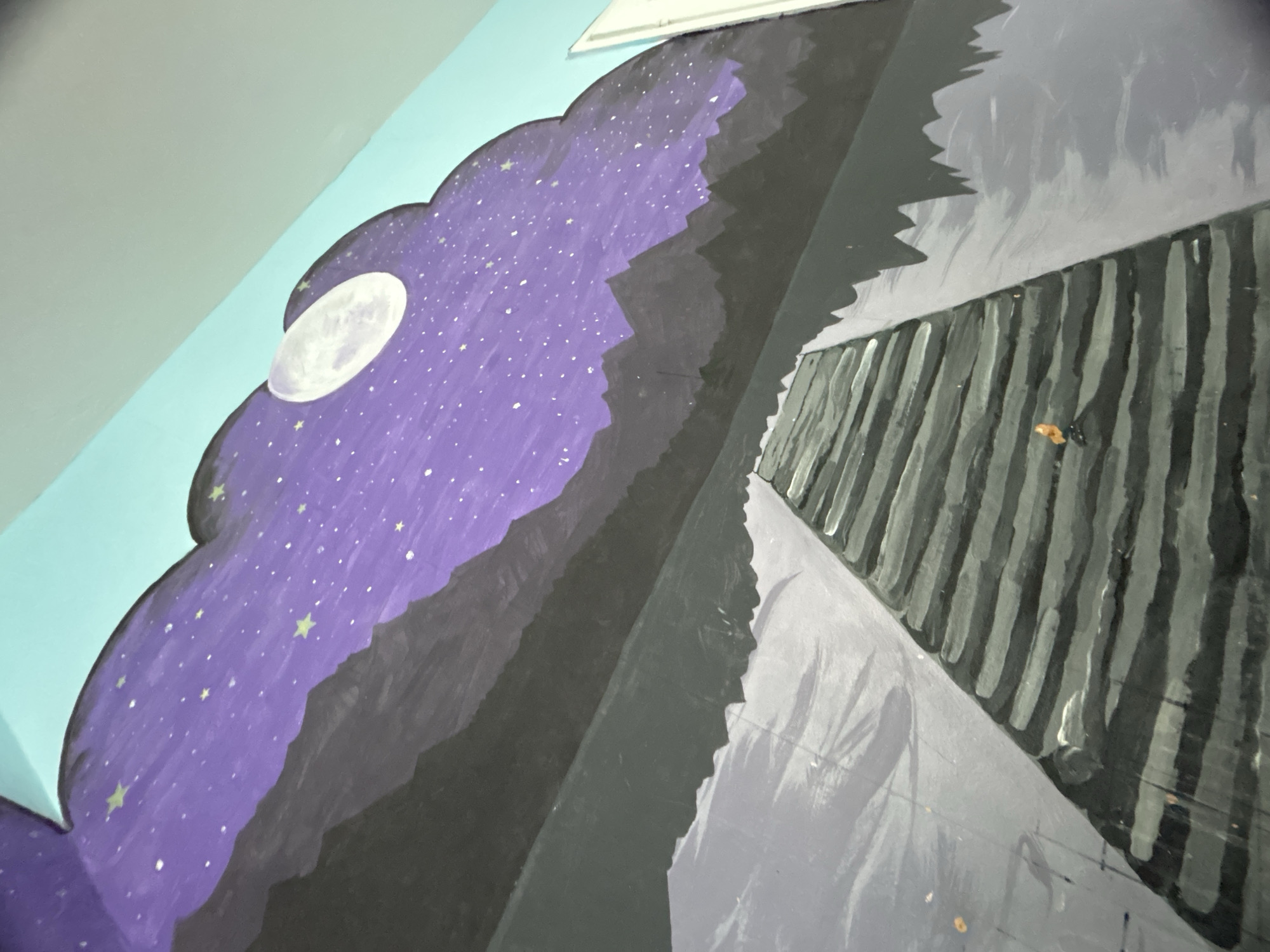 Nocturnal landscape mural documented on indoor wall