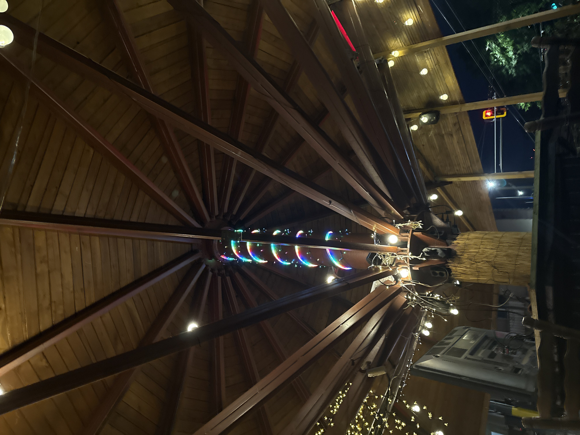 Evening drinks at a wooden-roofed outdoor bar in Sofia