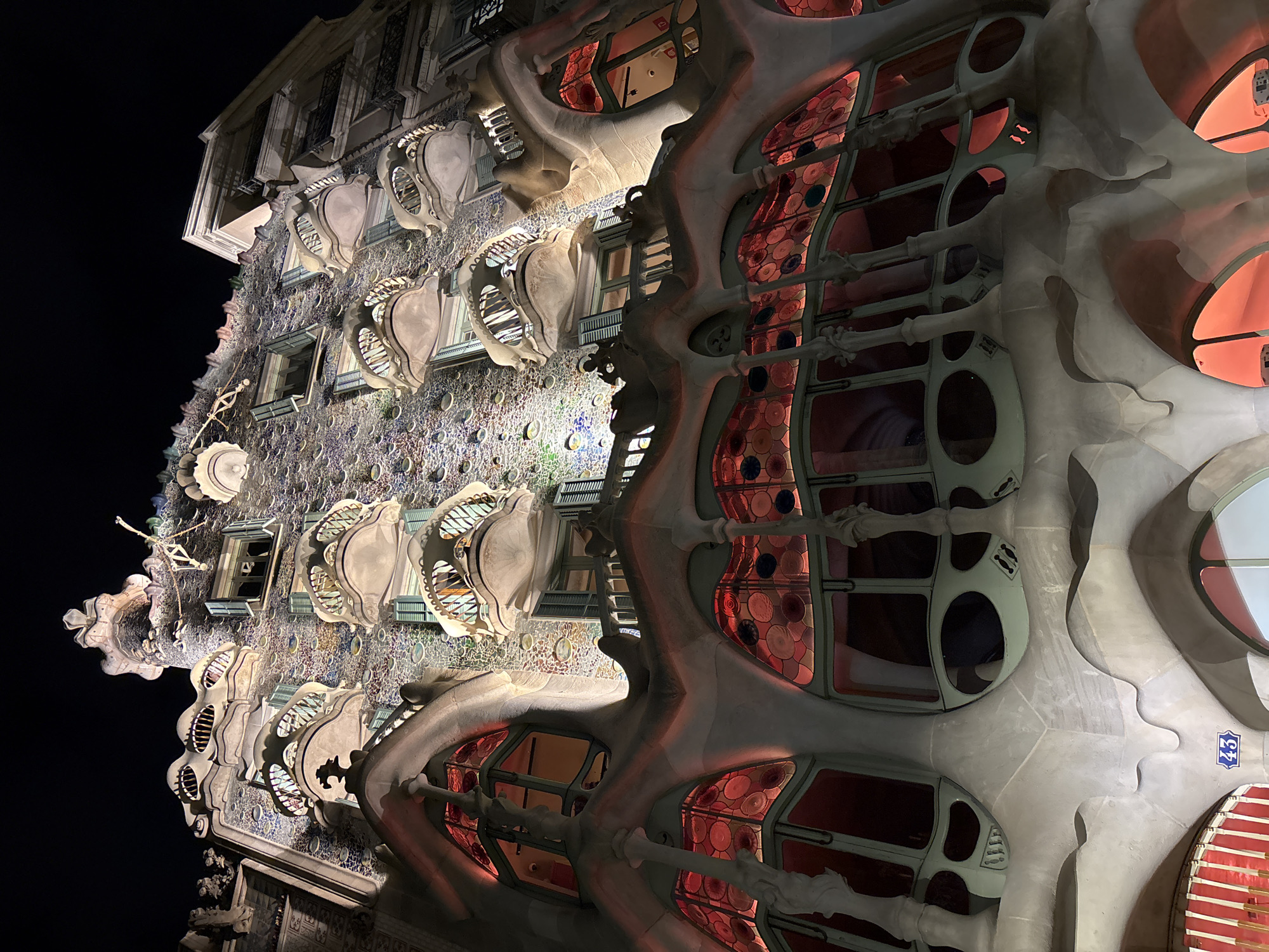 Evening views of illuminated Casa Batlló in Barcelona