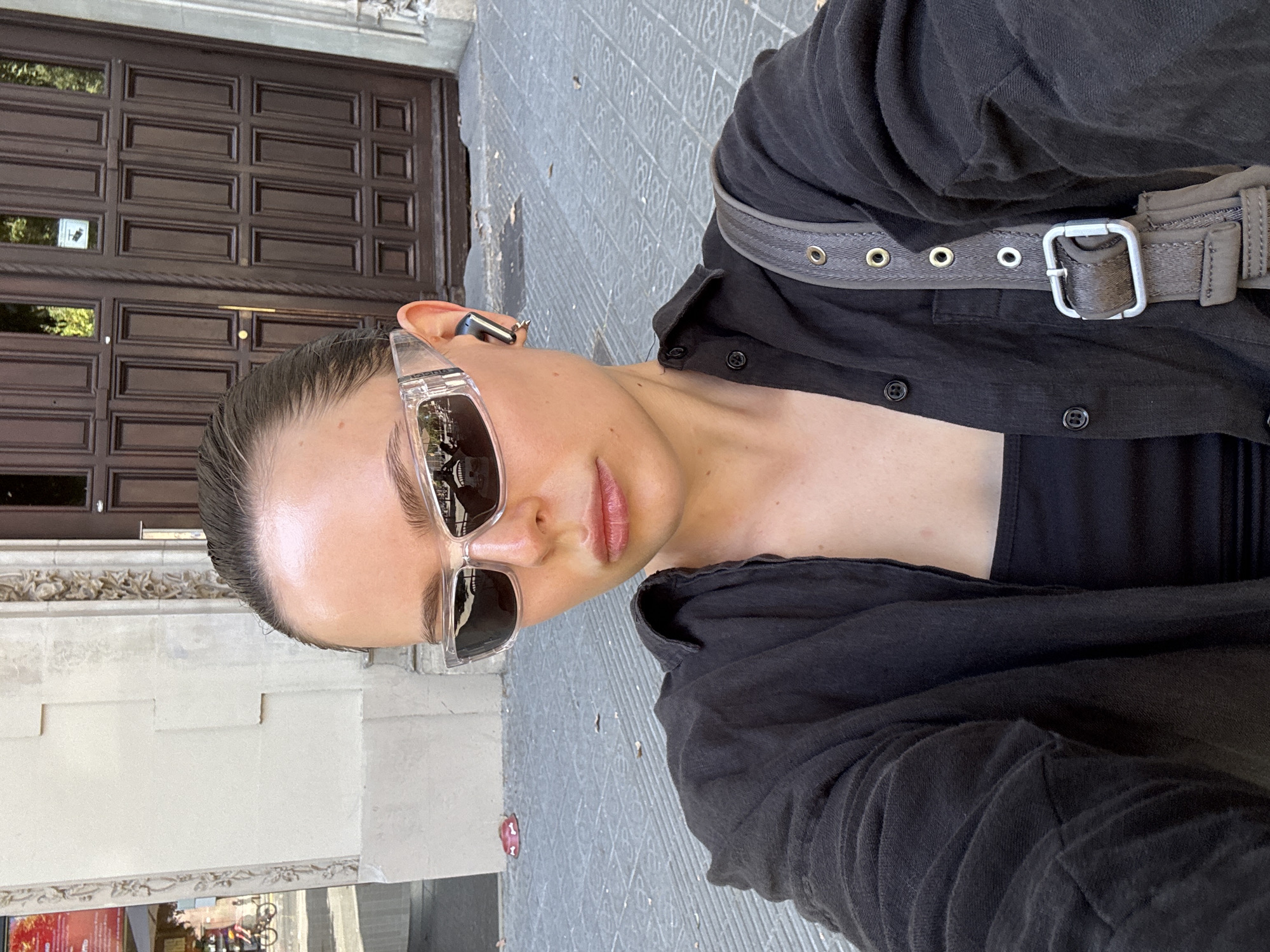Ornate Barcelona building facade, selfie and street-level view
