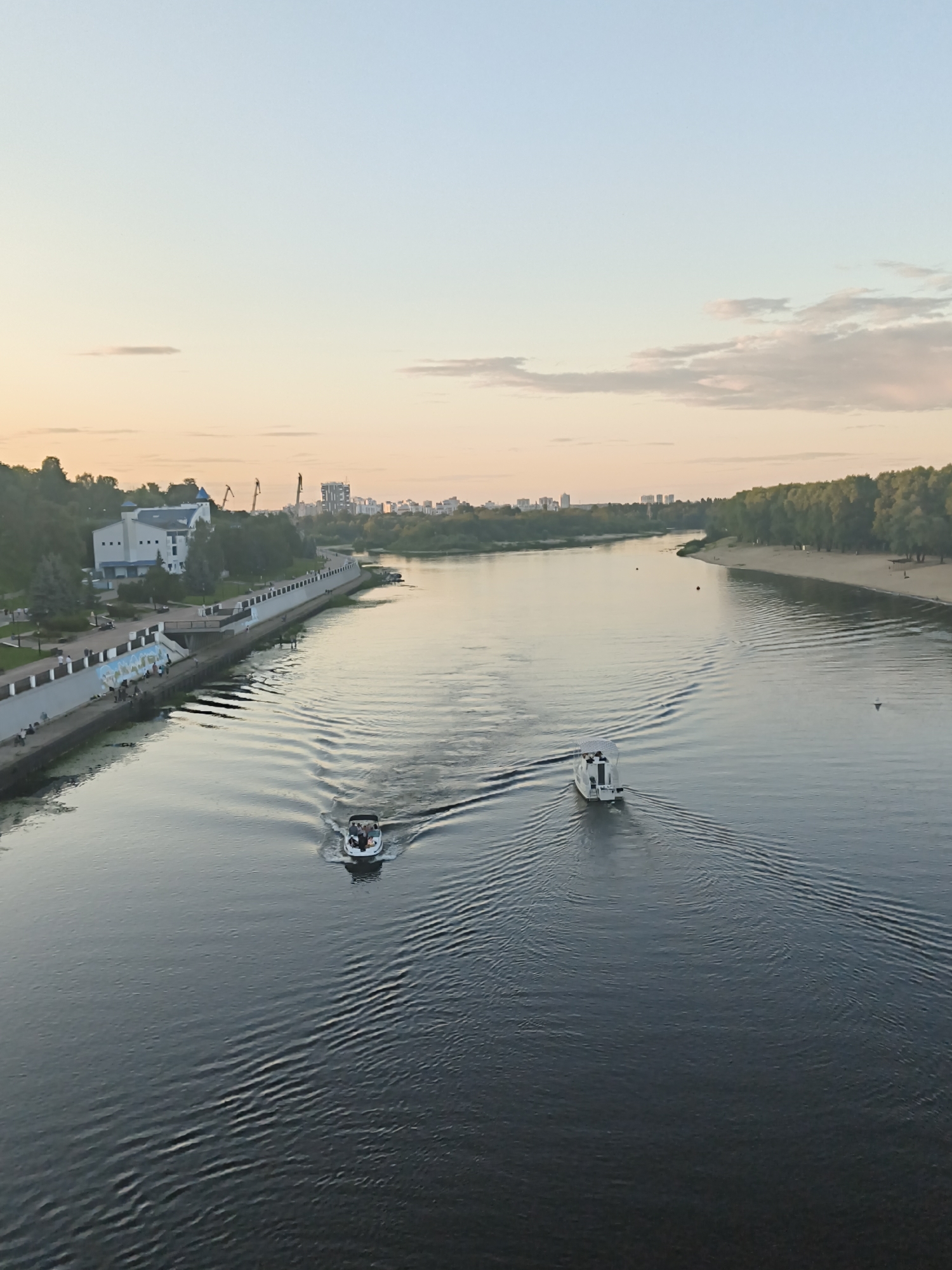 Homyel riverfront and cathedral at golden hour
