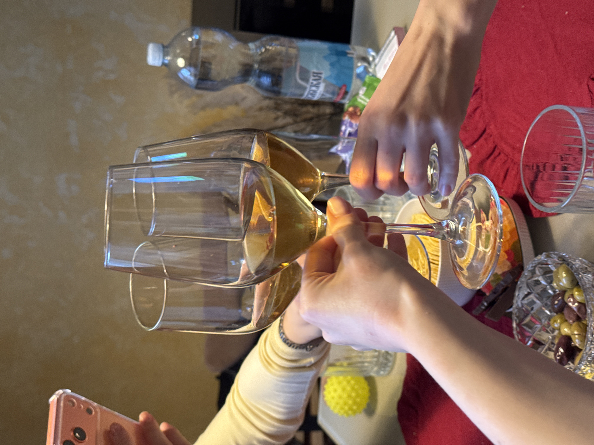 Indoor champagne toast celebration with appetizers and city views