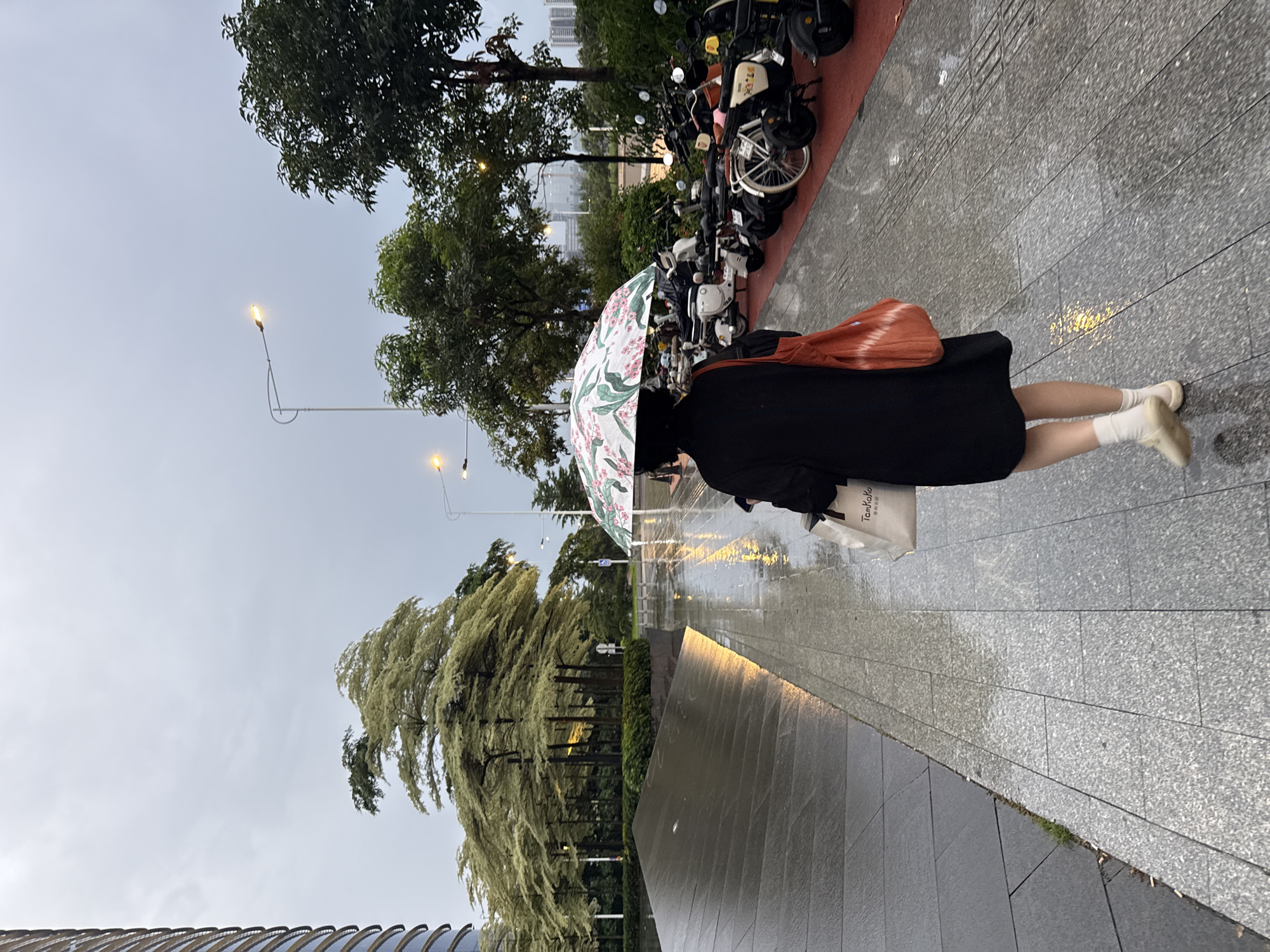 Rainy morning street life around Haizhu District's modern core