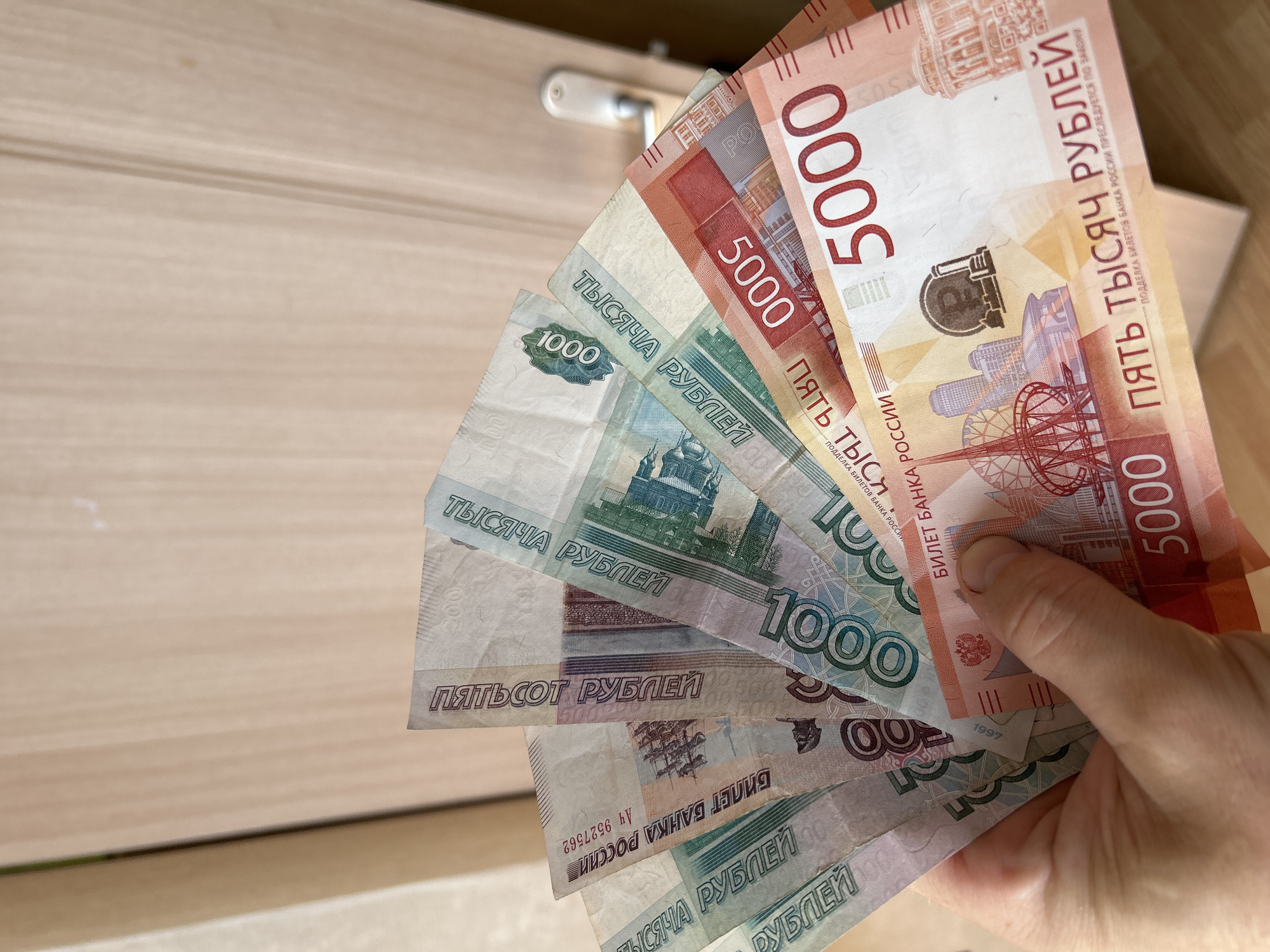 Person displays Russian currency banknotes in Chaikovsky