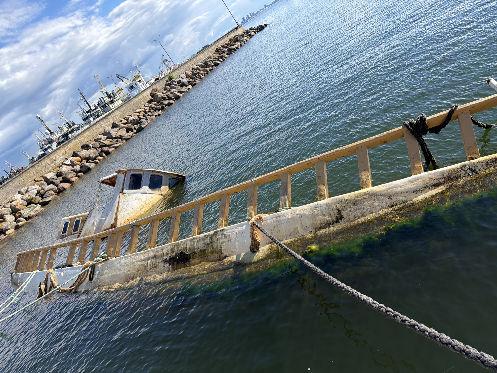Sunken boat and harbor activity in Viimsi, Estonia