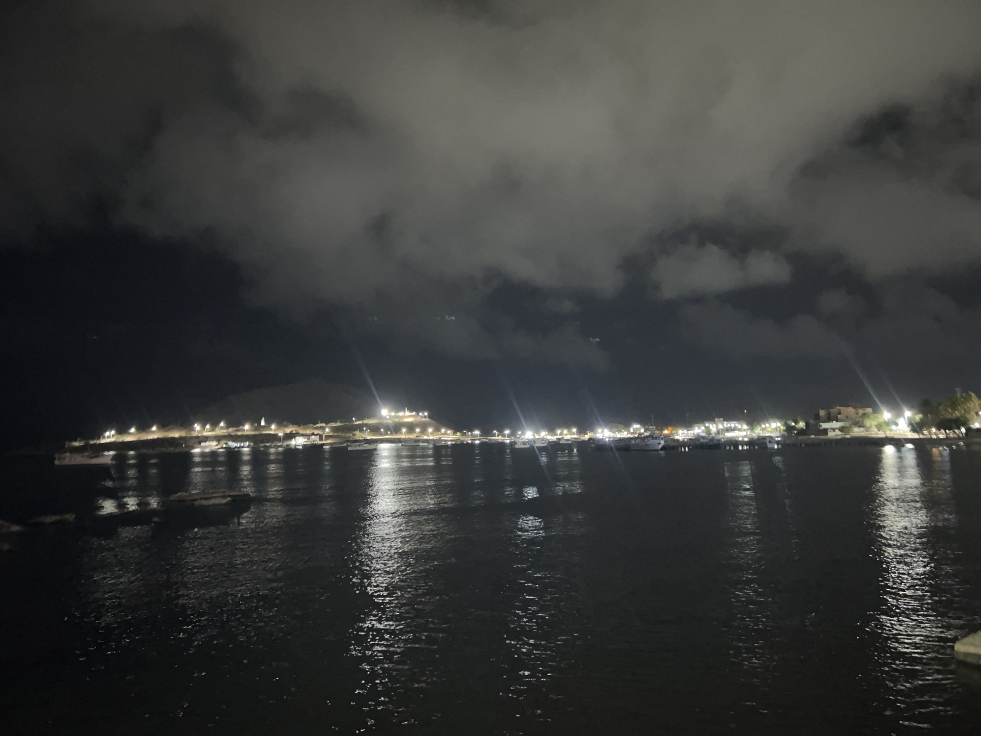 Juan Griego's waterfront and town center at night