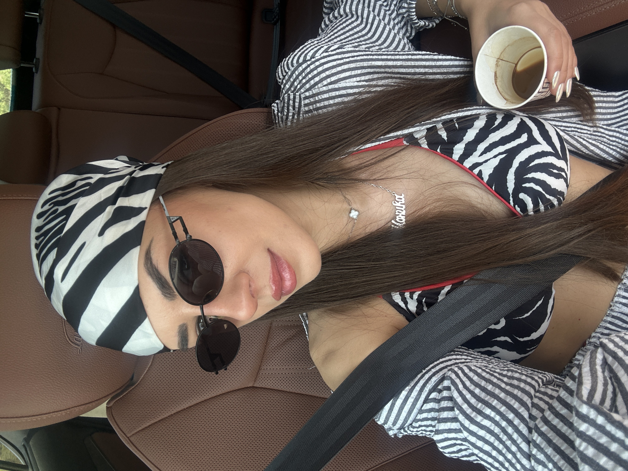 Matching zebra-print outfits in a car, Neo Souli, Greece
