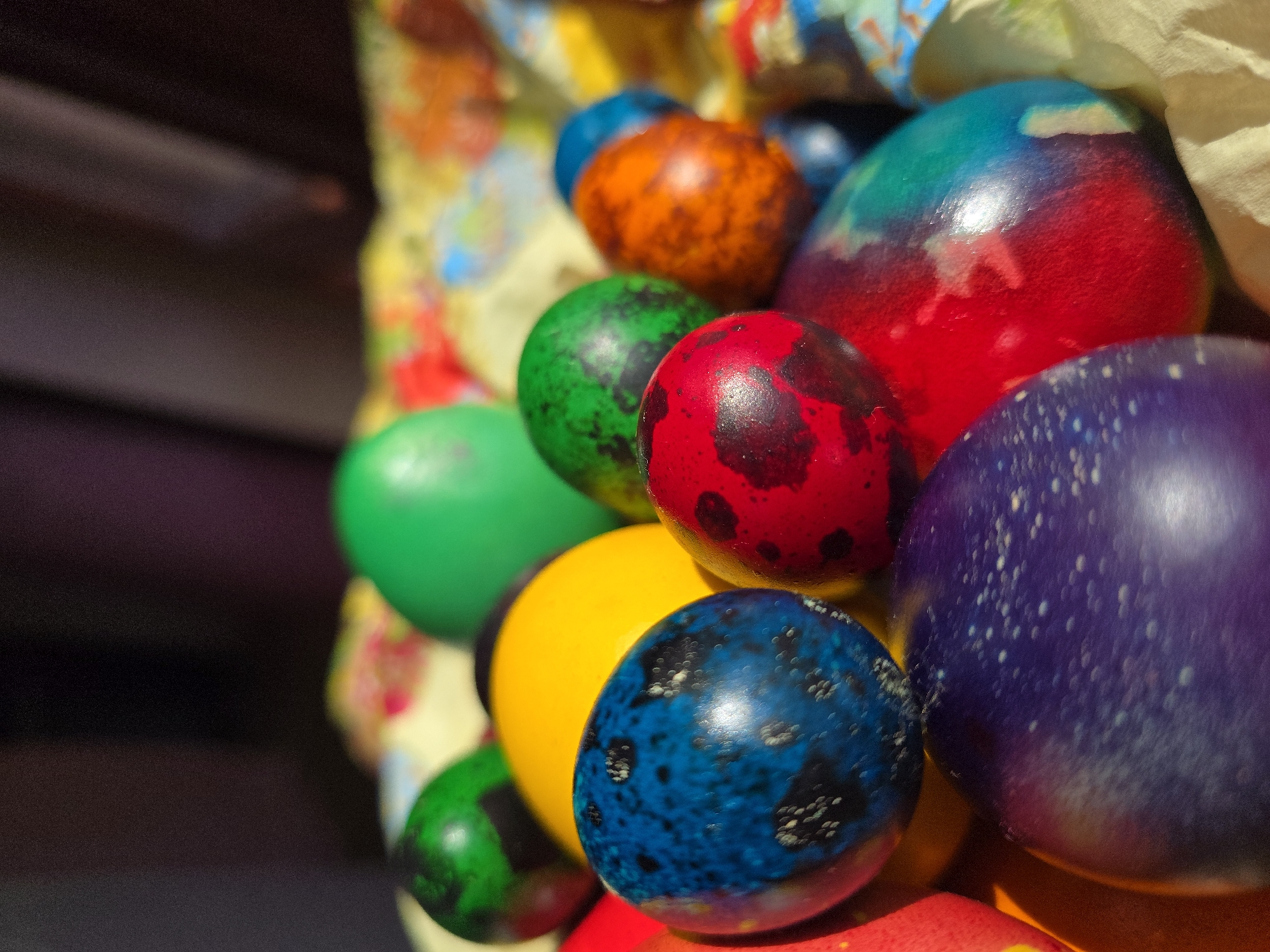 Colorful Easter eggs photographed in baskets in Varna, Bulgaria