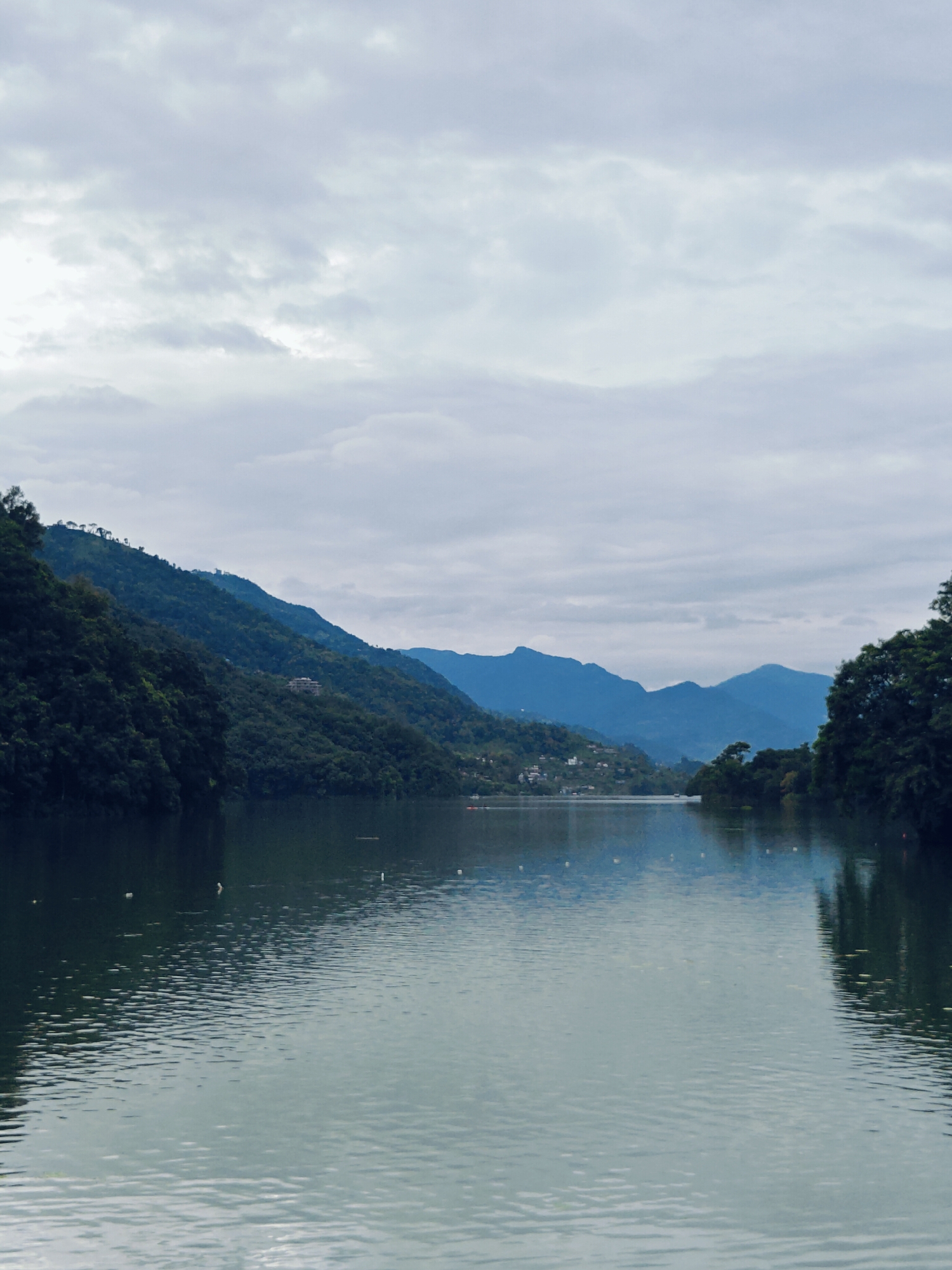 Phewa Lake and surroundings on a cloudy morning in Pokhara
