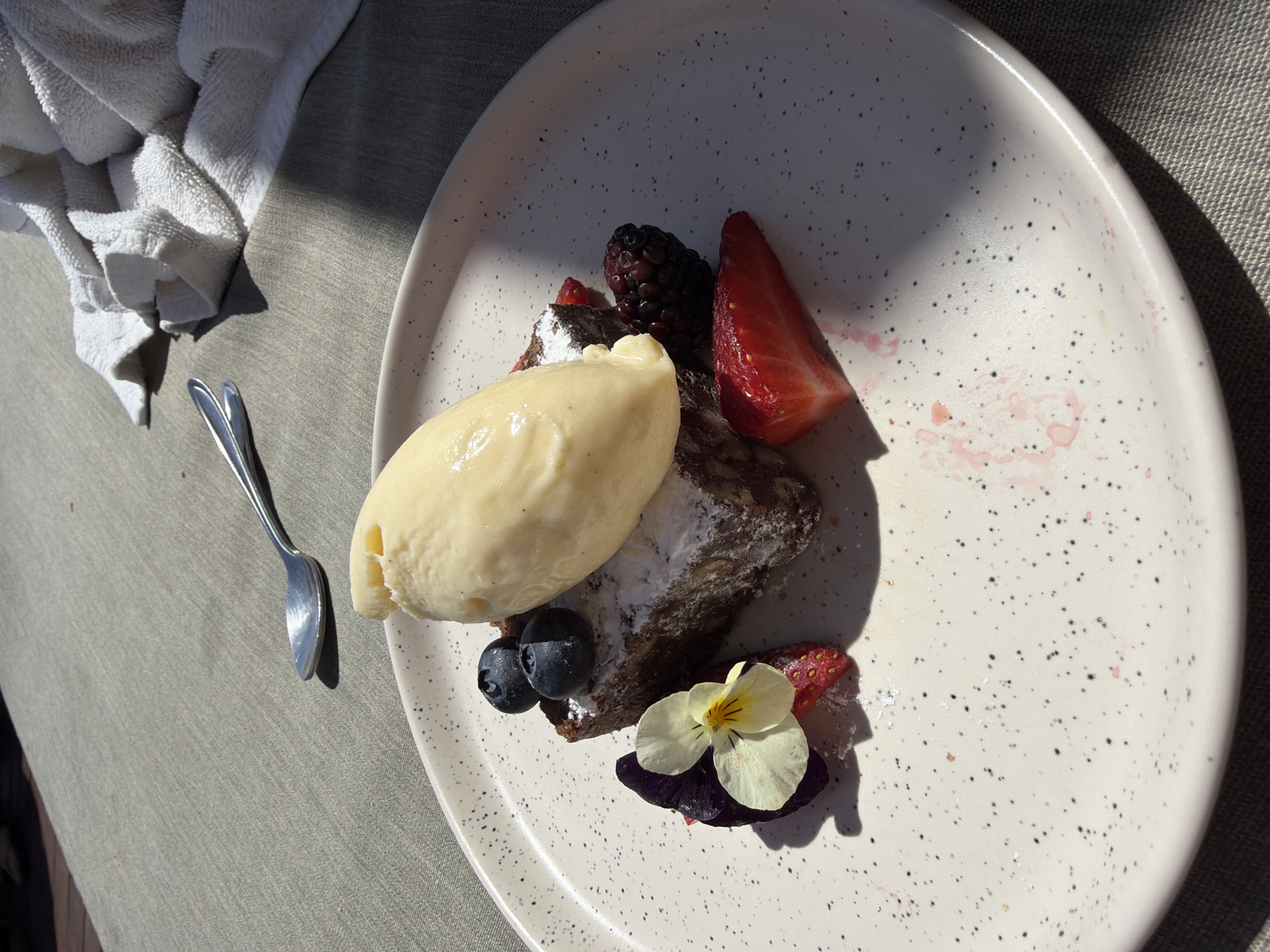 Dessert plate, pool deck, and religious complex captured simultaneously