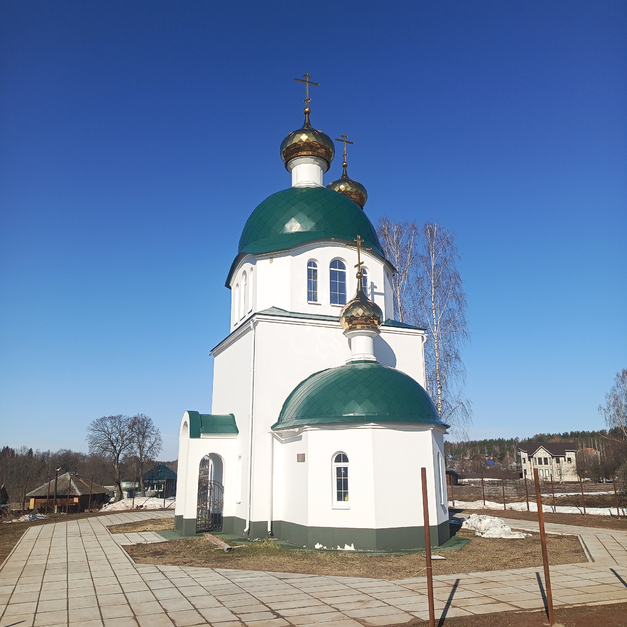 Orthodox church with green domes documented in Markovo, Russia