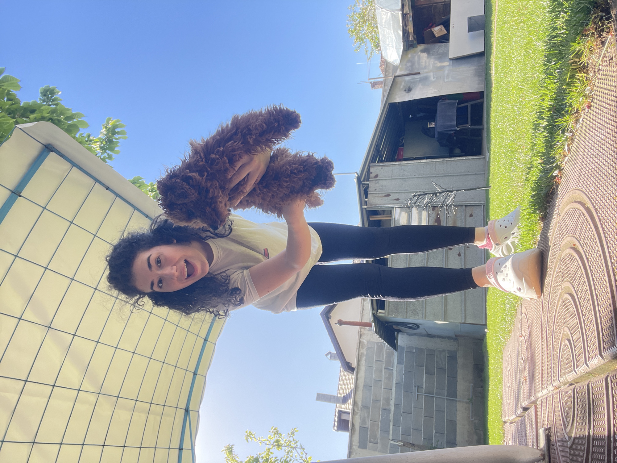 Woman and fluffy dog share morning playtime in Sofia