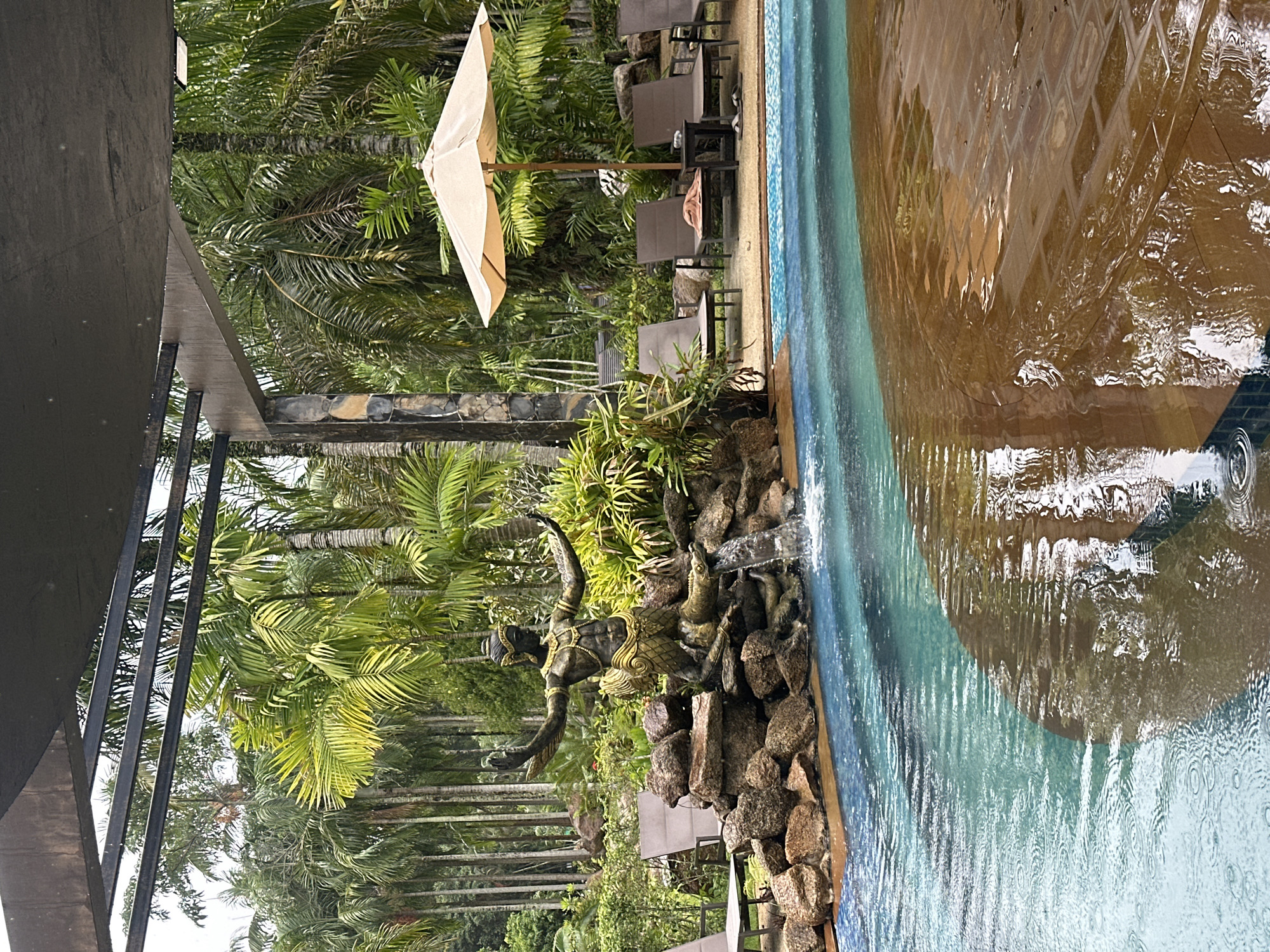 Rainy morning at a tropical resort pool