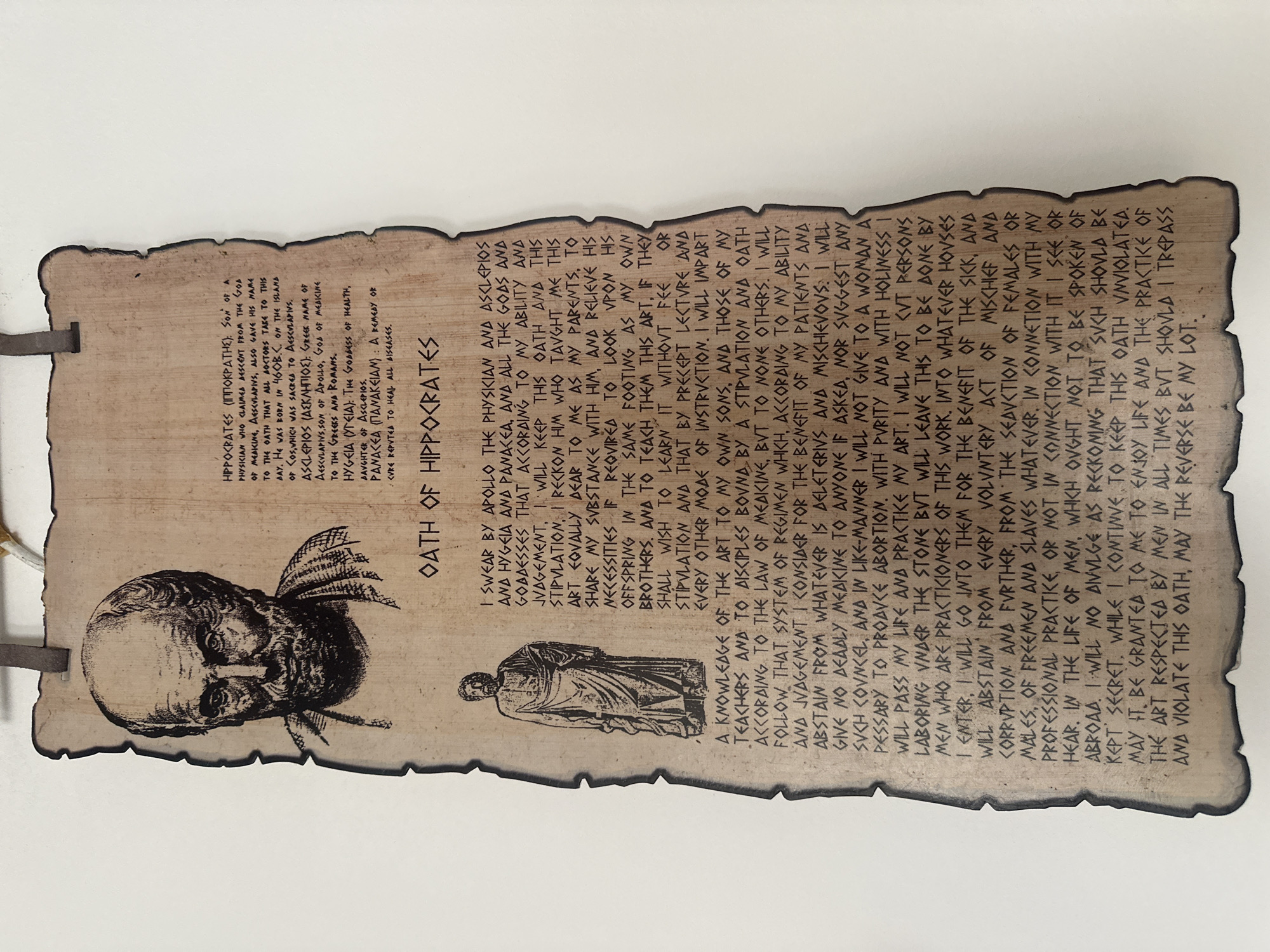 Sofia resident studies handwritten notes near Hippocrates Oath plaque