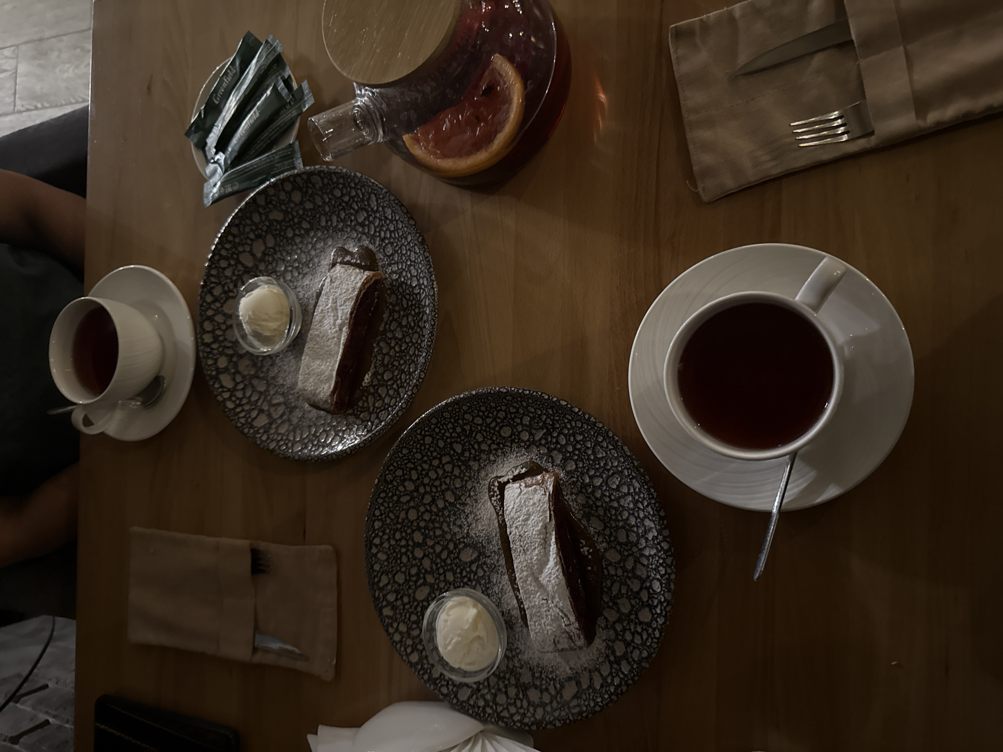 Cafe patron enjoys pastry and tea in Uryupinsk