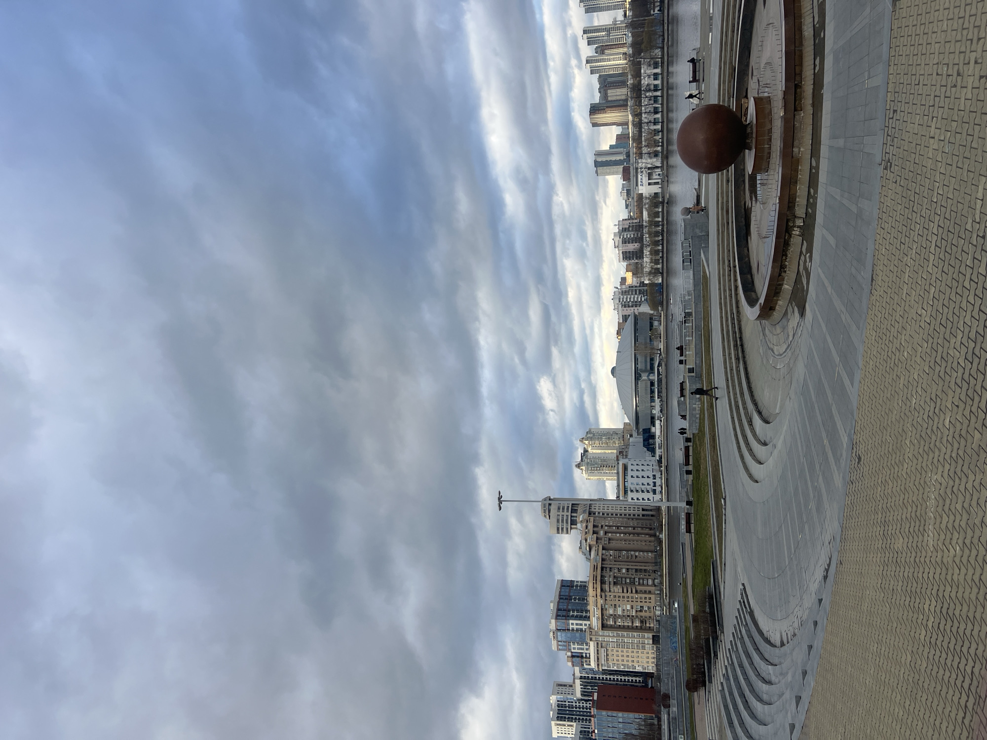 Fountain with brown sphere documented in Yekaterinburg city center